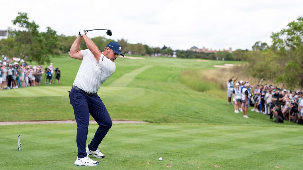 Captain Bryson DeChambeau of Crushers GC hits his shot from the seventh tee during the third round of the LIV Golf tournament at The Club at Steyn City, Saturday, March 21, 2026, in Midrand, South Africa.