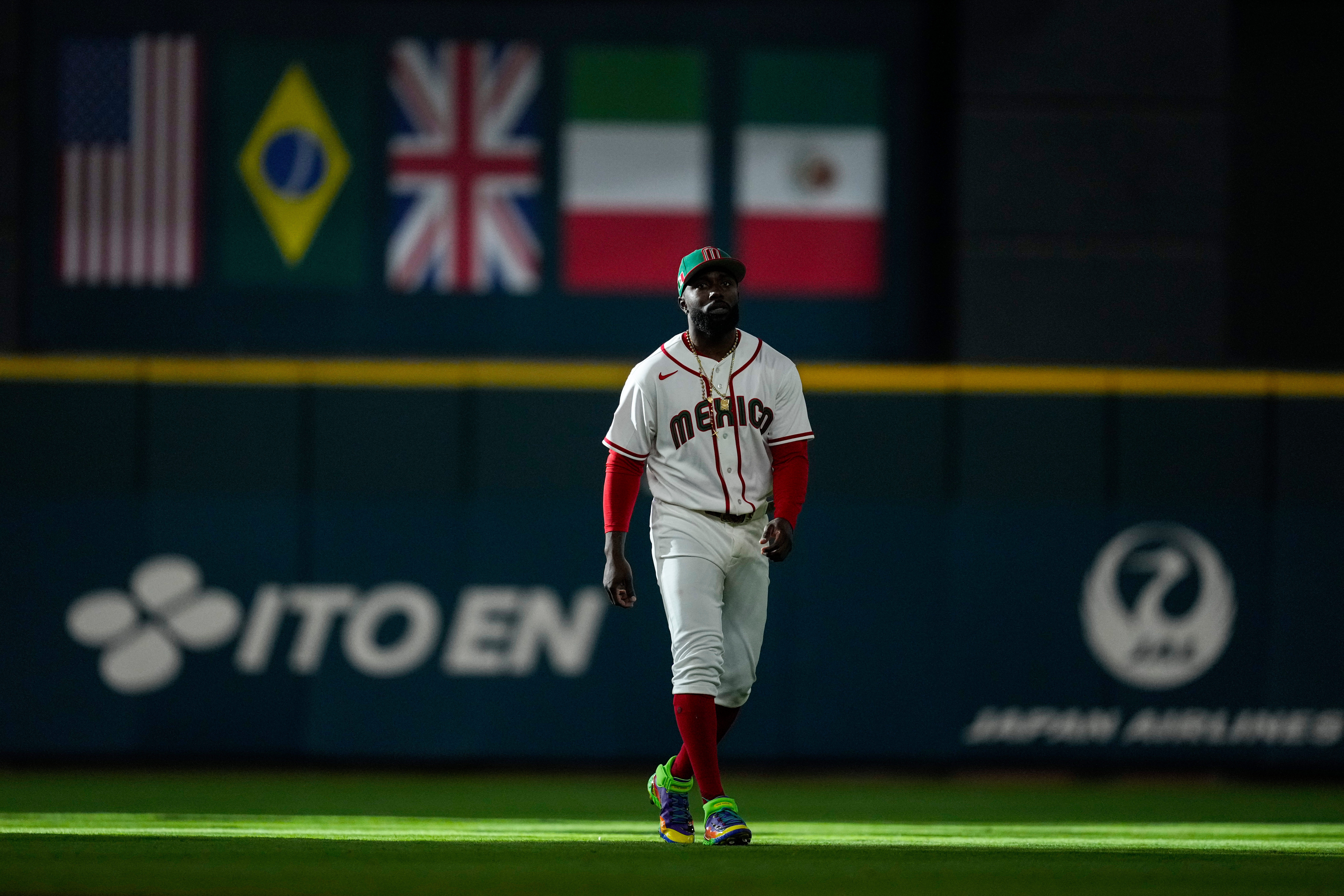 Mexico outfielder Randy Arozarena walks in from the outfield before a World Baseball Classic game against Italy, Wednesday, March 11, 2026, in Houston. 