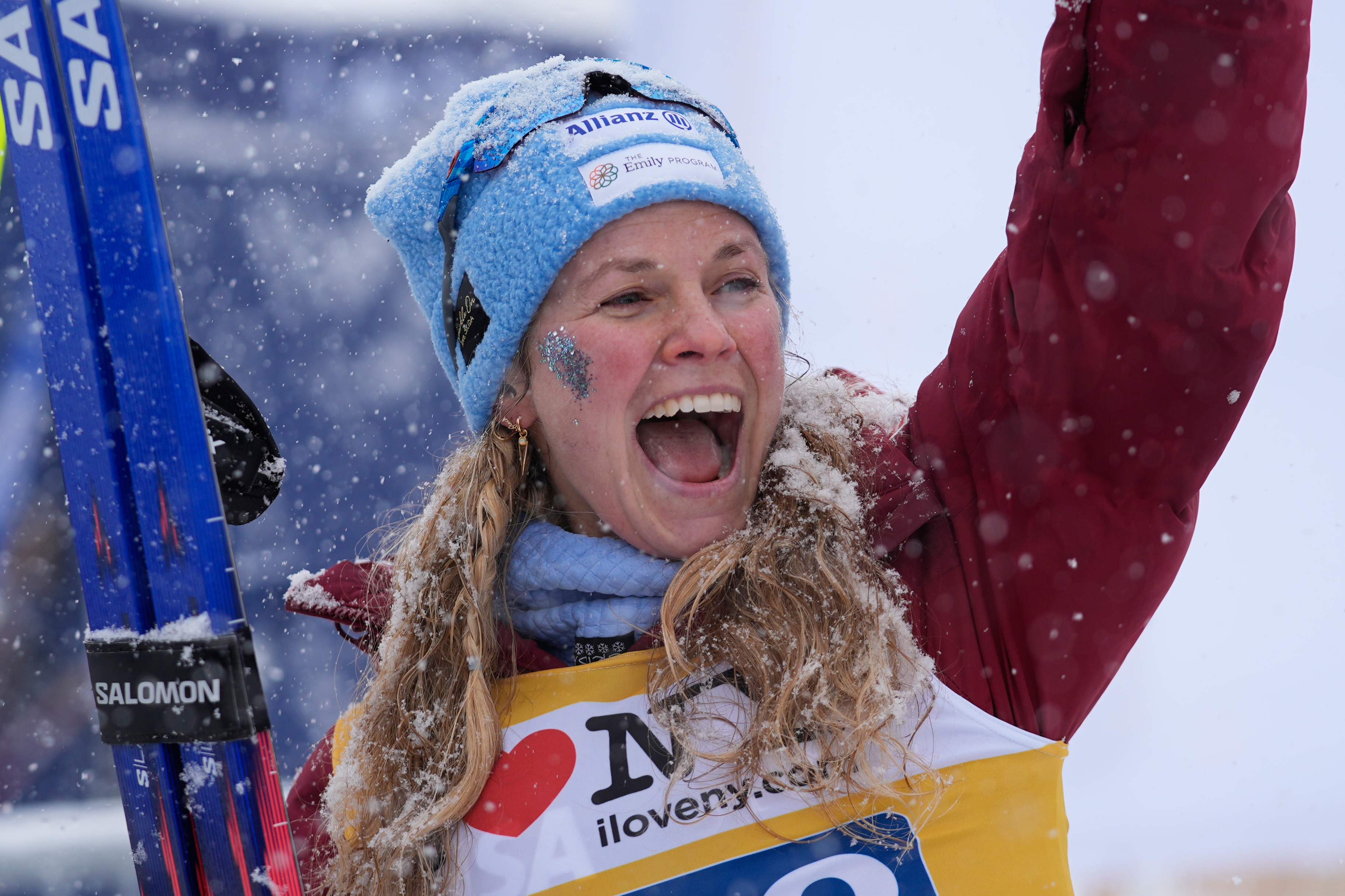 United States' Jessie Diggins reacts after the women's World Cup Finals Interval Start 10 km Classic cross country skiing race Friday, March 20, 2026, in Lake Placid, N.Y.