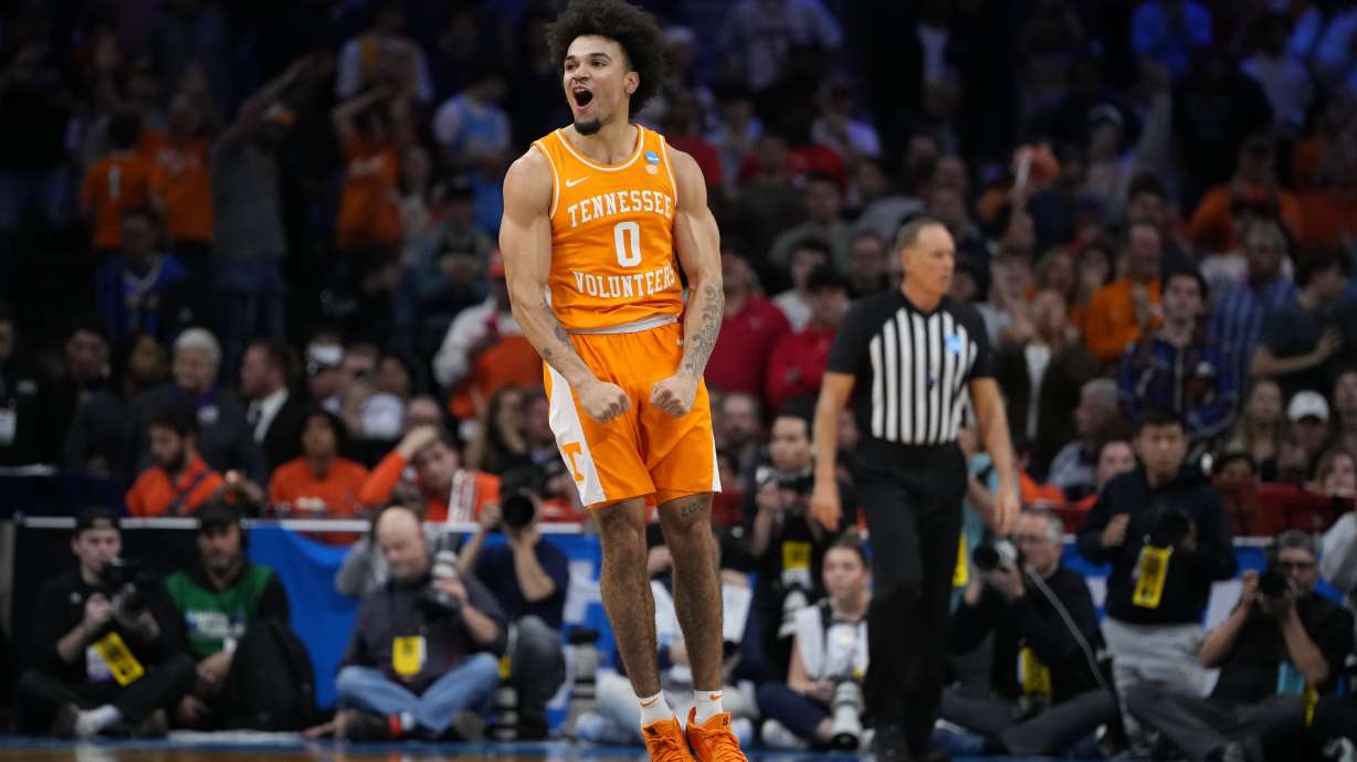Tennessee's Ja'kobi Gillespie celebrates after Tennessee beat Virginia in the second round of the NCAA college basketball tournament, Sunday, March 22, 2026, in Philadelphia.