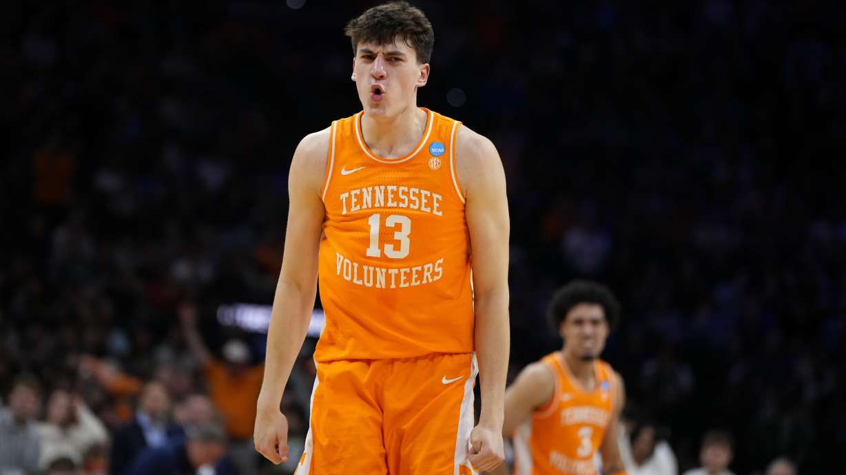 Tennessee's J.P. Estrella reacts after a basket during the second half against Virginia in the second round of the NCAA college basketball tournament, Sunday, March 22, 2026, in Philadelphia.