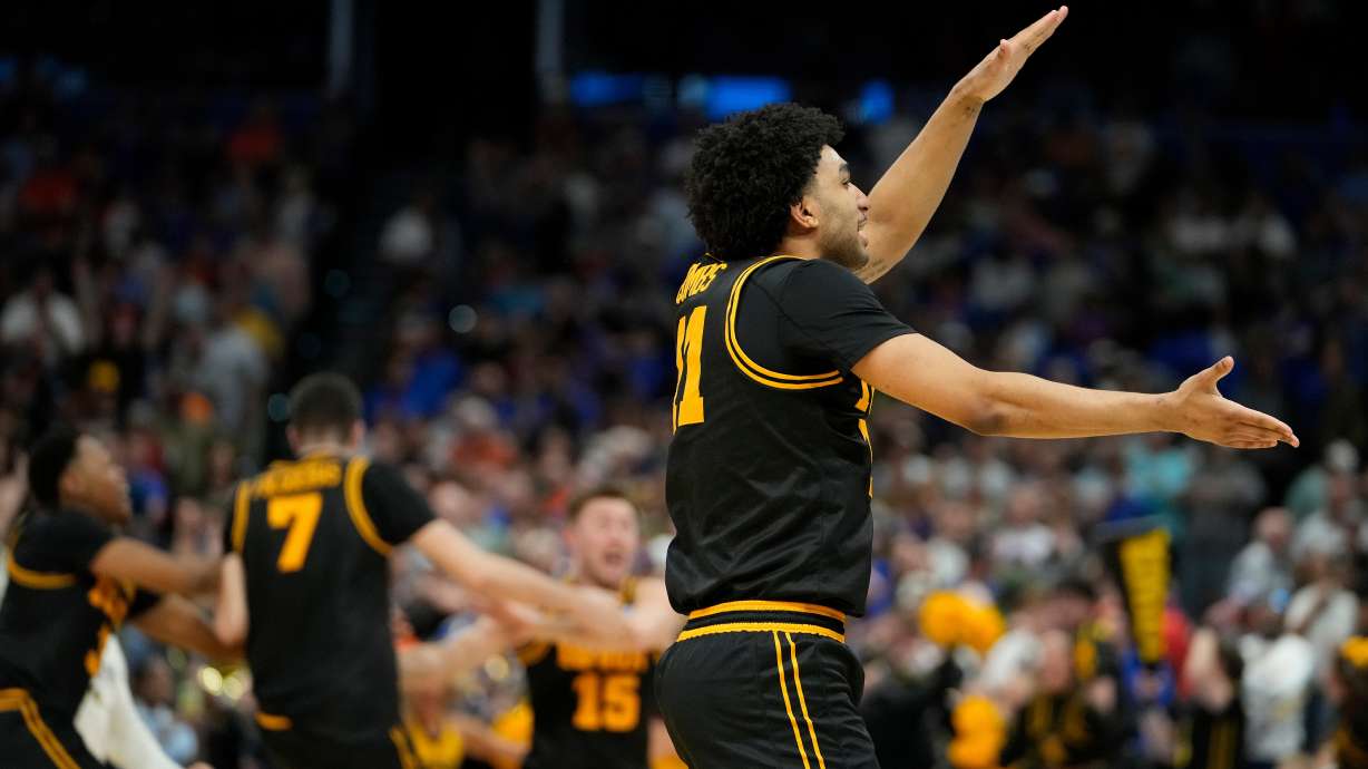 Iowa guard Kael Combs celebrates during the second half in the second round of the NCAA college basketball tournament Sunday, March 22, 2026, in Tampa, Fla.