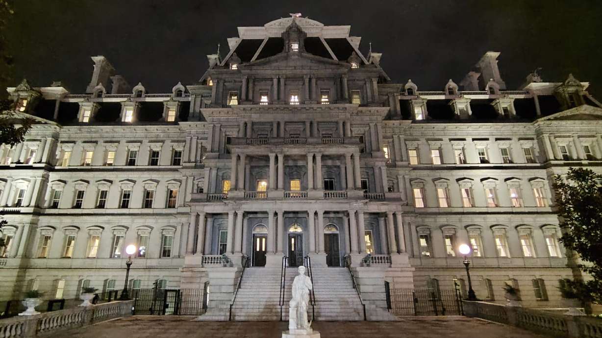 This photo provided by Will Hemsley shows a statue of Christopher Columbus standing in front of the Eisenhower Executive Office Building in Washington, Sunday.