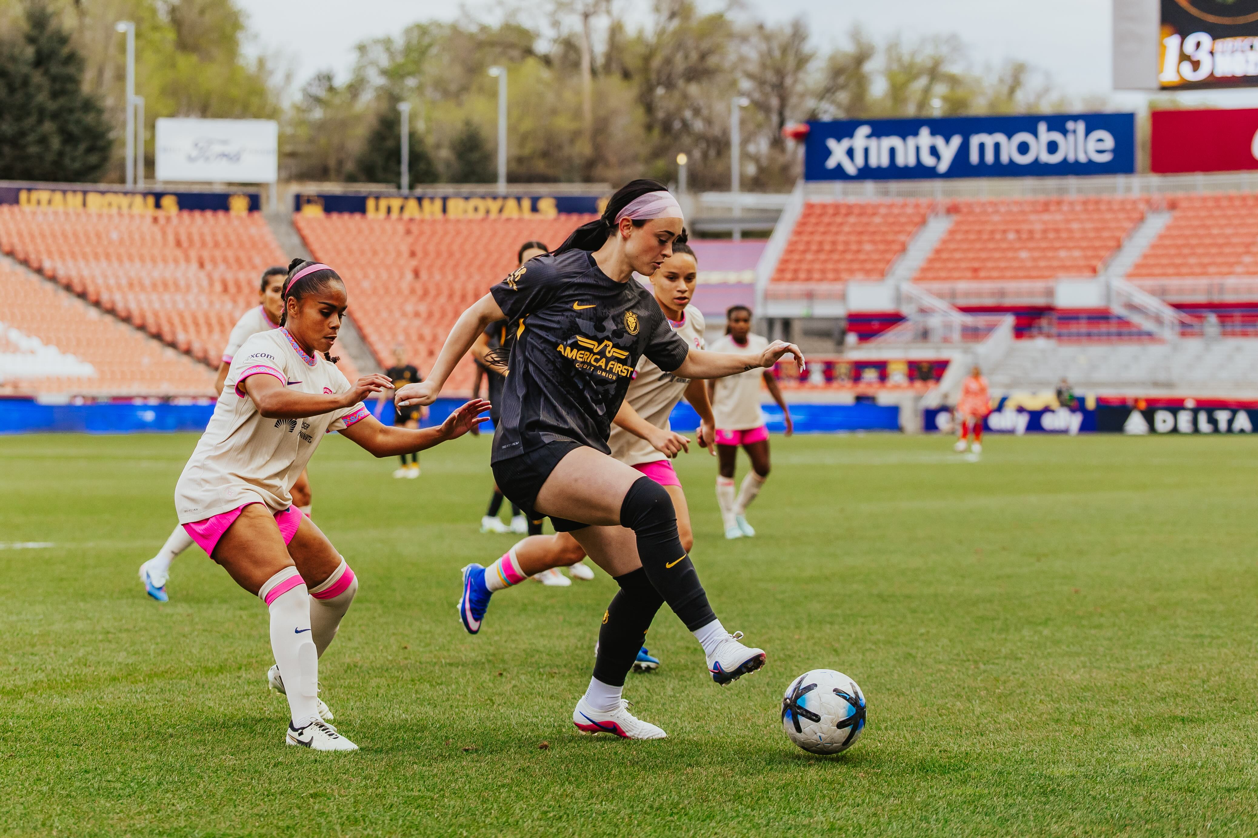 Utah Royals forward Brecken Mozingo plays with the ball during an NWSL match against the San Diego Wave, Sunday, March 22, 2026 at America First Field in Sandy, Utah.