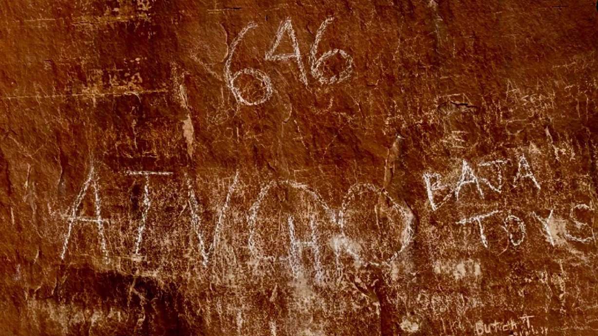 An image of a vandalized petroglyph is pictured near Tusher Tunnel in Grand County. The Grand County Sheriff's Office said Sunday it's still investigating the incident.