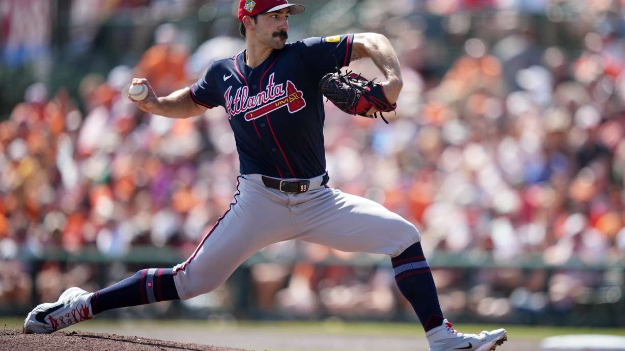 Atlanta Braves' Spencer Strider pitches during the first inning of a spring training baseball game against the Baltimore Orioles, Saturday, Feb. 28, 2026, in Sarasota.