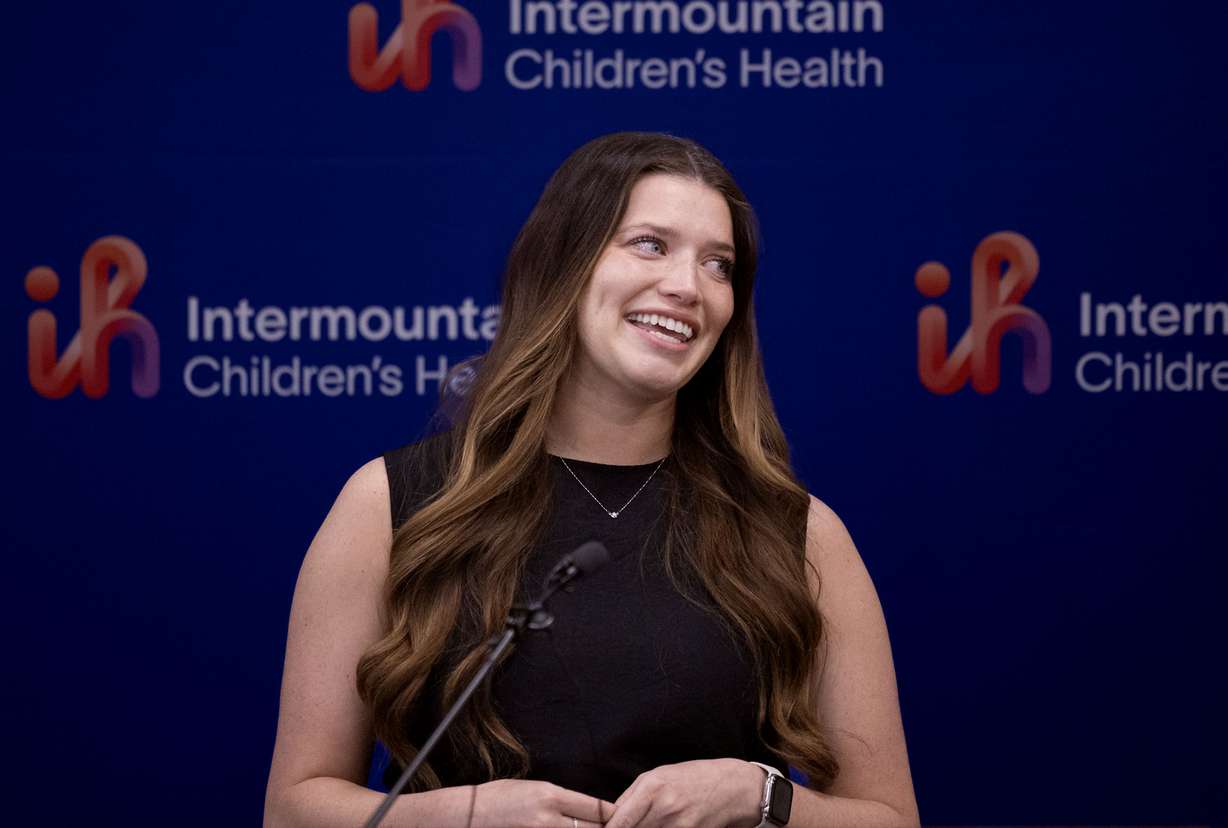 Living liver donor Madeline Baggett speaks at a press conference concerning life-saving organ transplants for children at Primary Children’s Hospital on Monday.