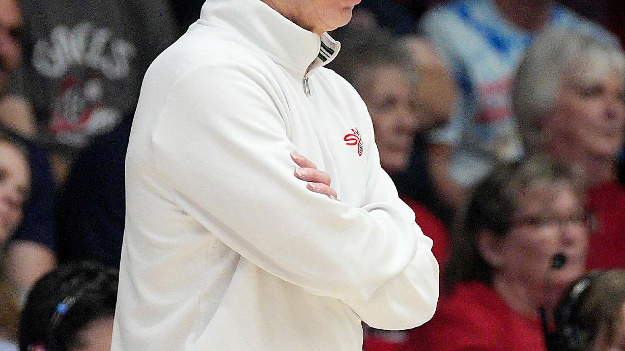 Saint Mary's head coach Randy Bennett yells to his players during the first half against Gonzaga in an NCAA college basketball game in Moraga, Calif., Saturday, Feb. 28, 2026.