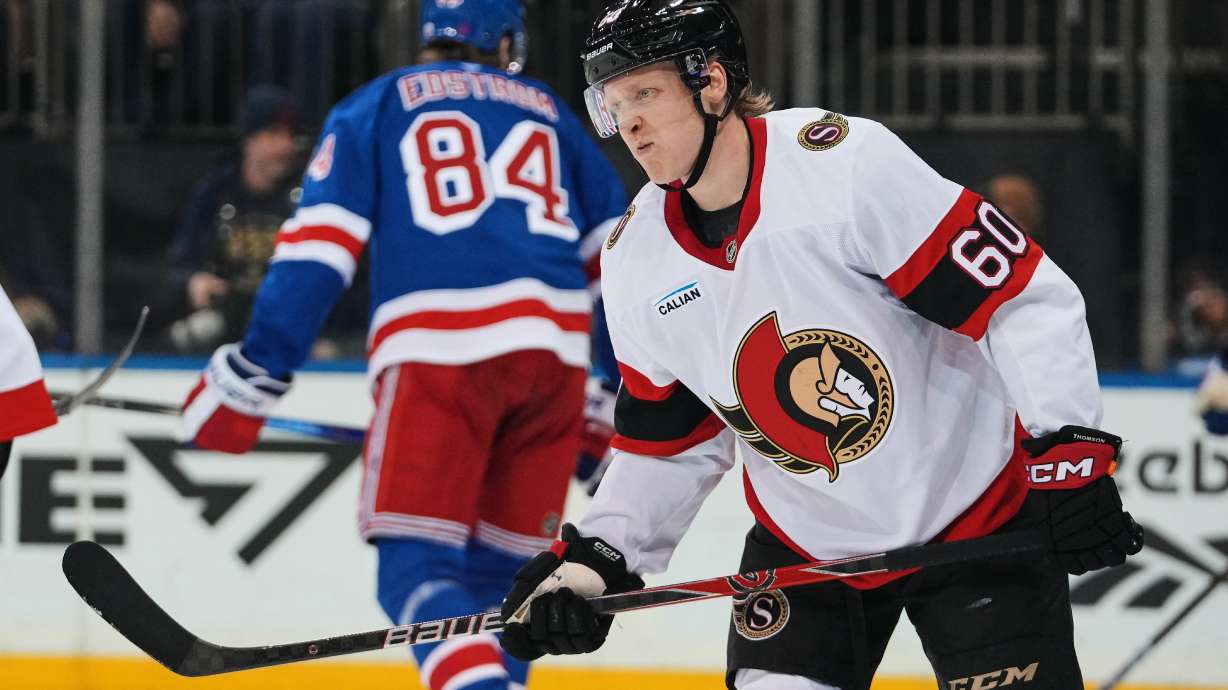 Ottawa Senators' Lassi Thomson (60) reacts after getting hurt during the second period of an NHL hockey game against the New York Rangers Monday, March 23, 2026, in New York.