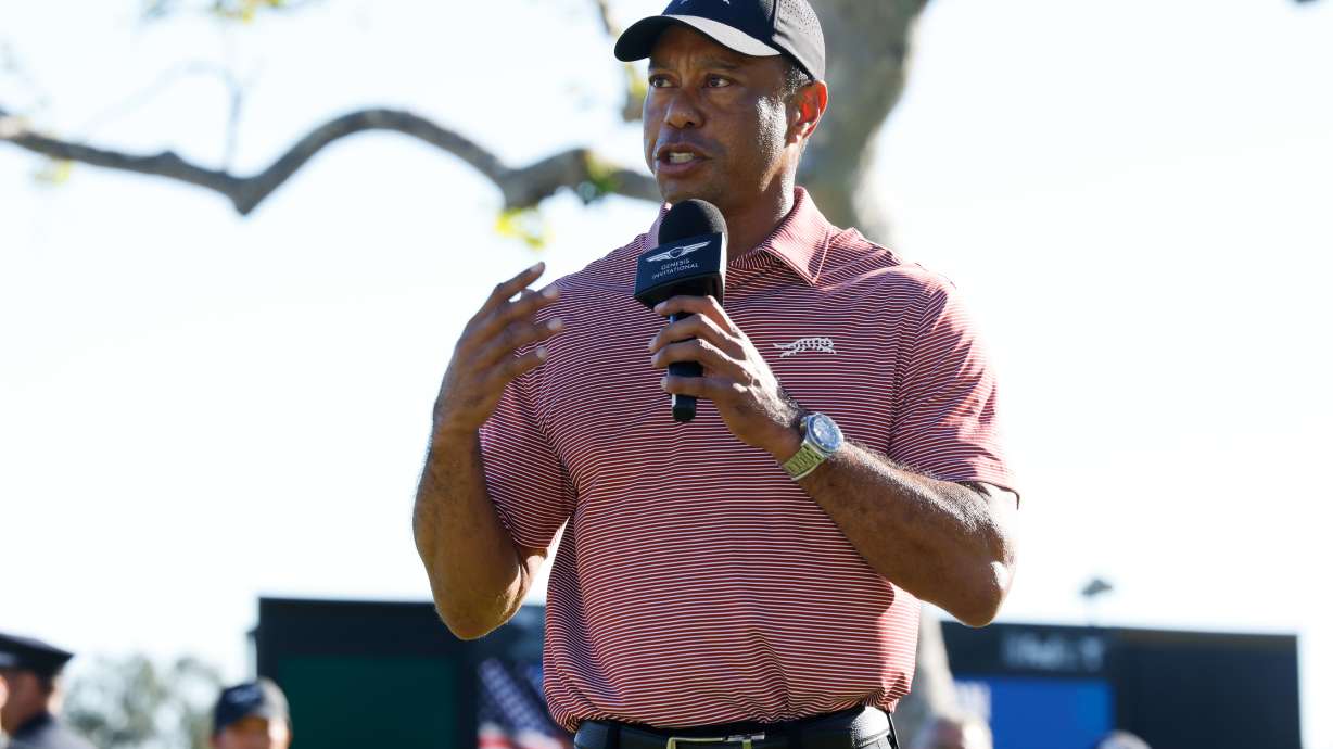 Tiger Woods speaks after the final round of the Genesis Invitational golf tournament at Riviera Country Club, Sunday, Feb. 22, 2026, in the Pacific Palisades area of Los Angeles.