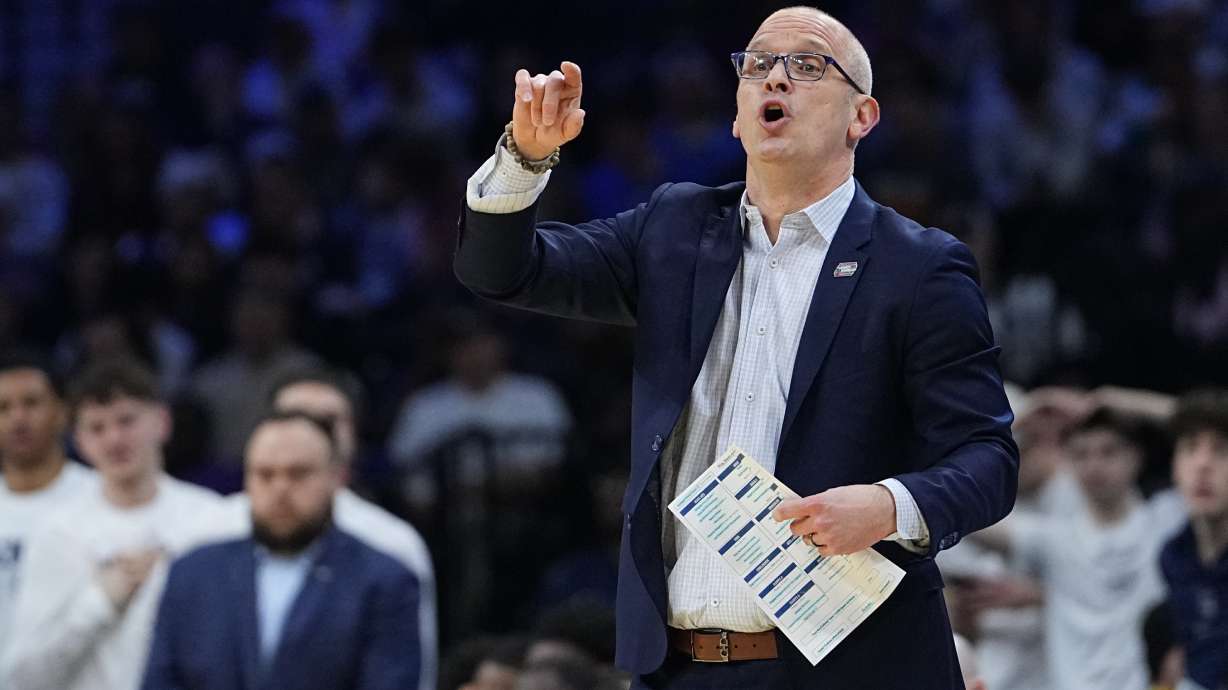 UConn head coach Dan Hurley calls out to his team during the first half in the second round of the NCAA college basketball tournament against UCLA, Sunday, March 22, 2026, in Philadelphia.