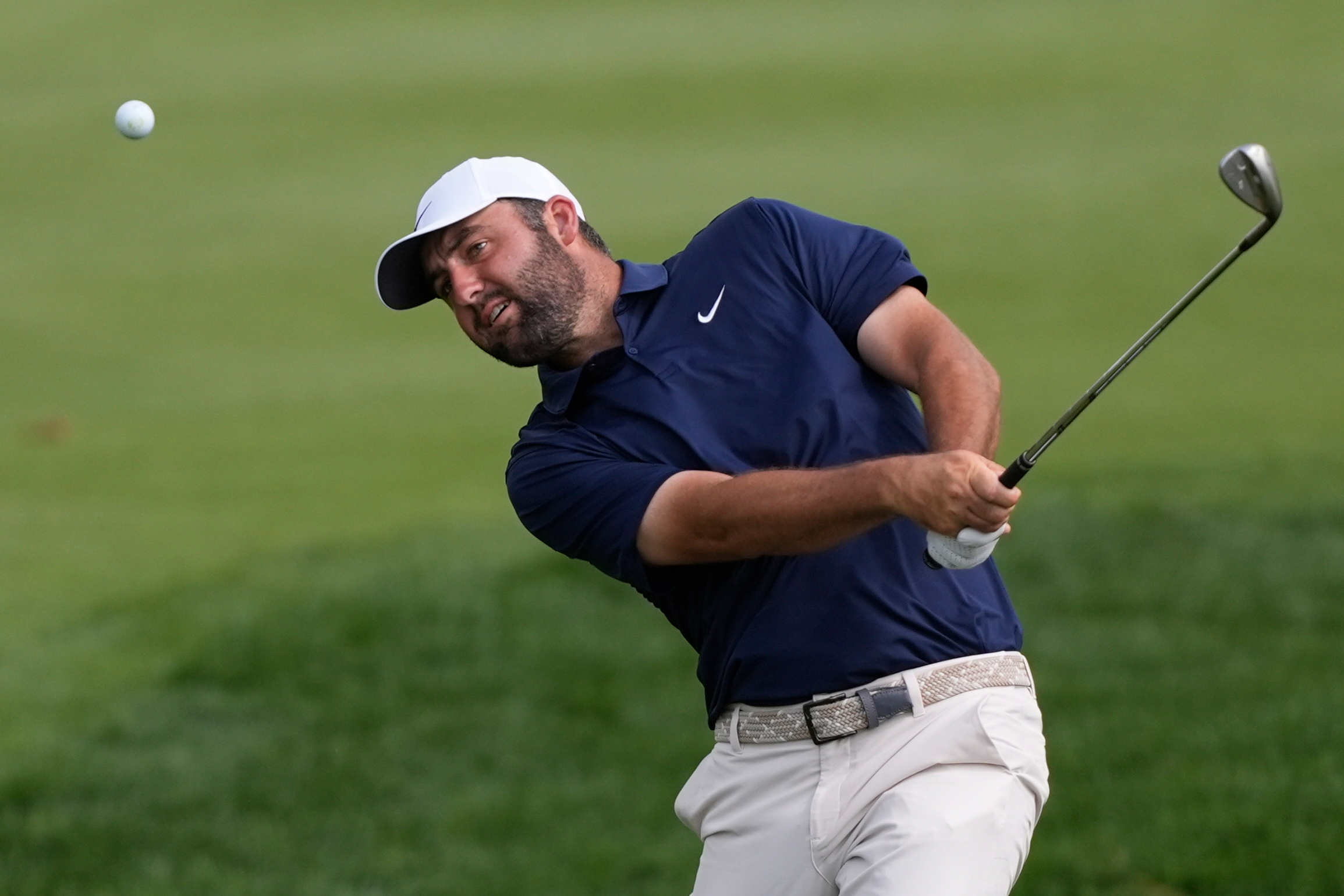 Scottie Scheffler hits from the second fairway during the final round of The Players Championship golf tournament, Sunday, March 15, 2026, in Ponte Vedra Beach, Fla. 