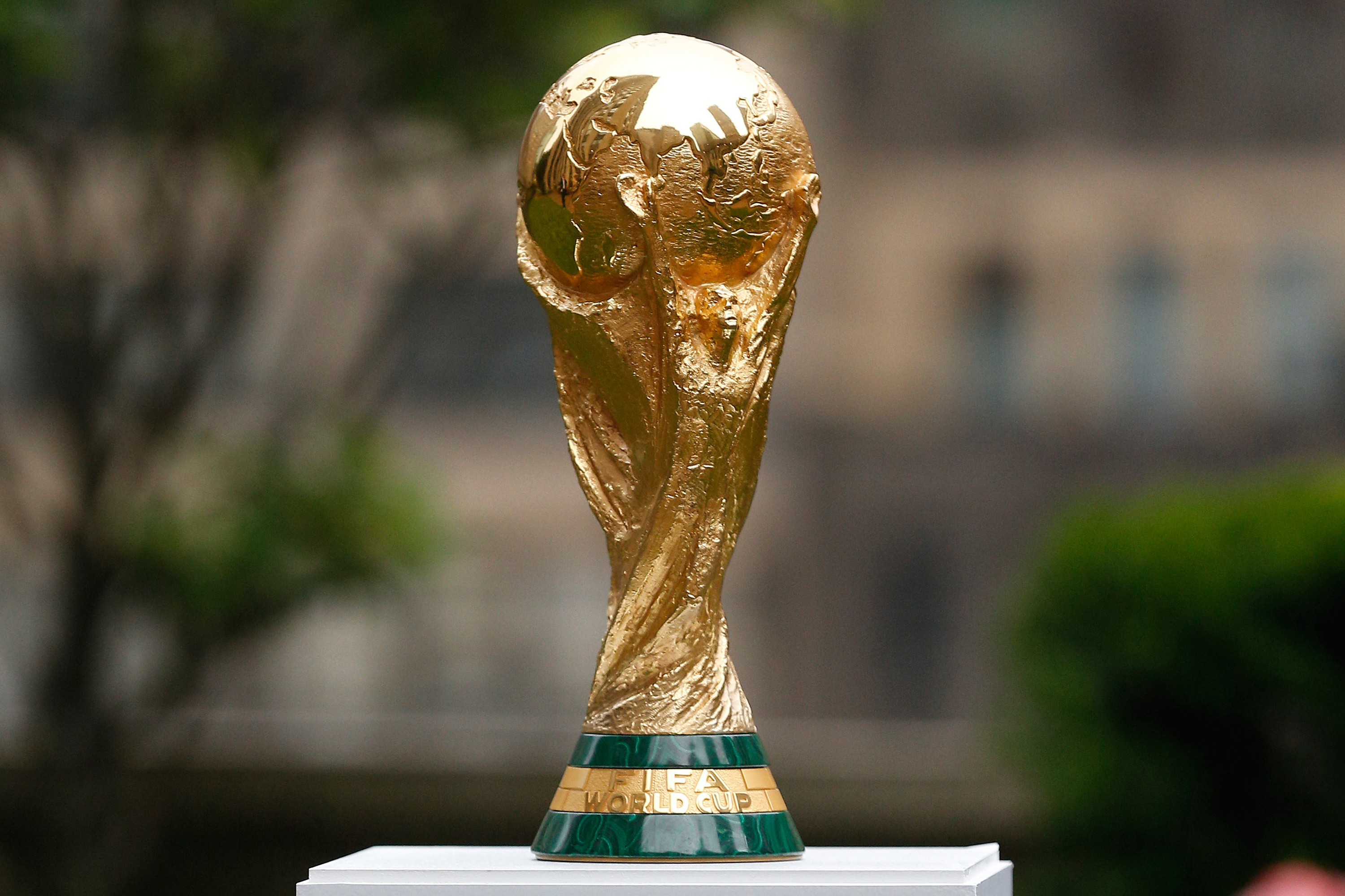 FILE - The FIFA World Cup Trophy is displayed before press conference at Rockefeller Plaza, June 16, 2022, in New York. 