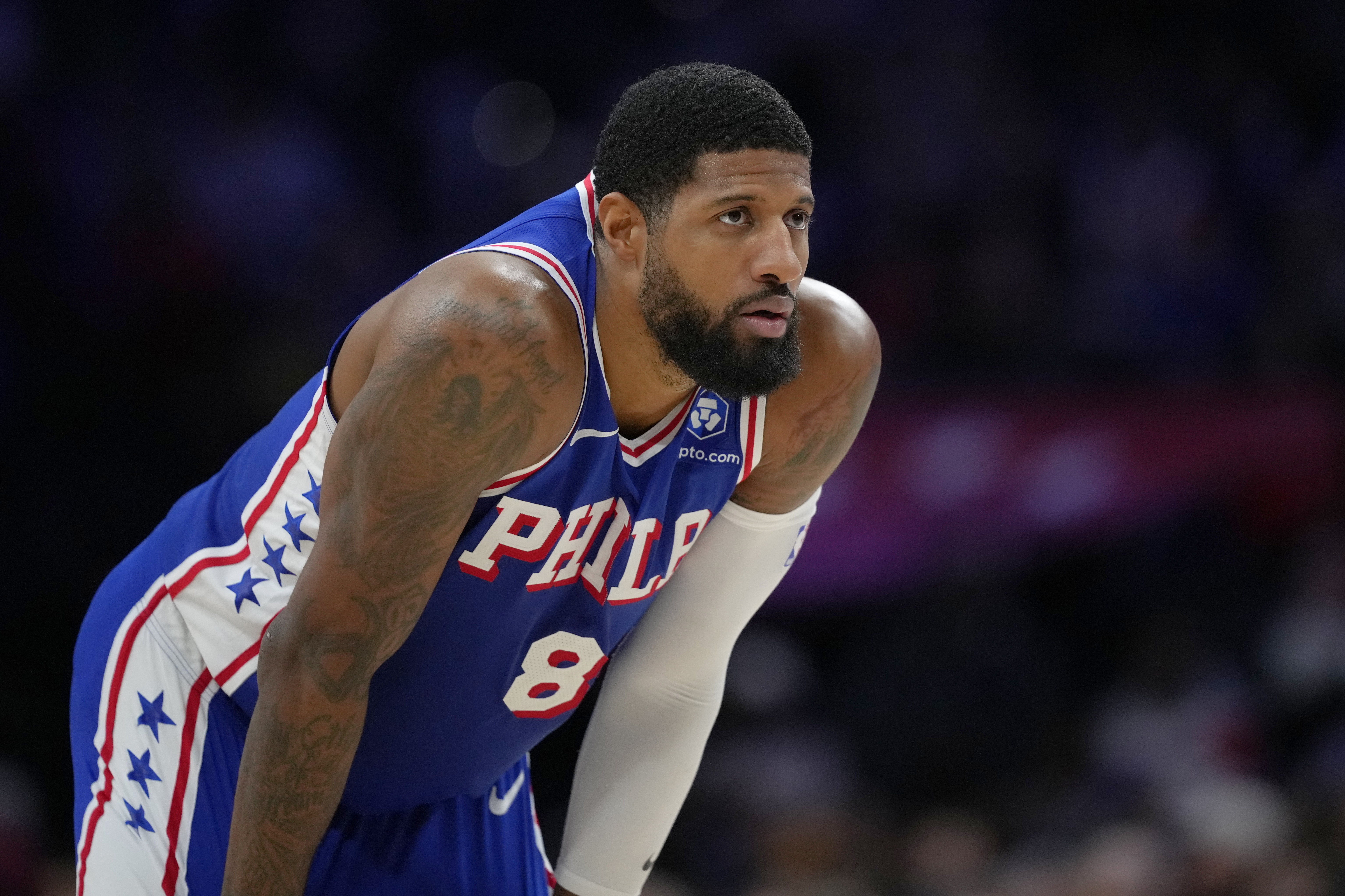 FILE - Philadelphia 76ers' Paul George looks on during a break in play during an NBA basketball game Thursday, Jan. 29, 2026, in Philadelphia.