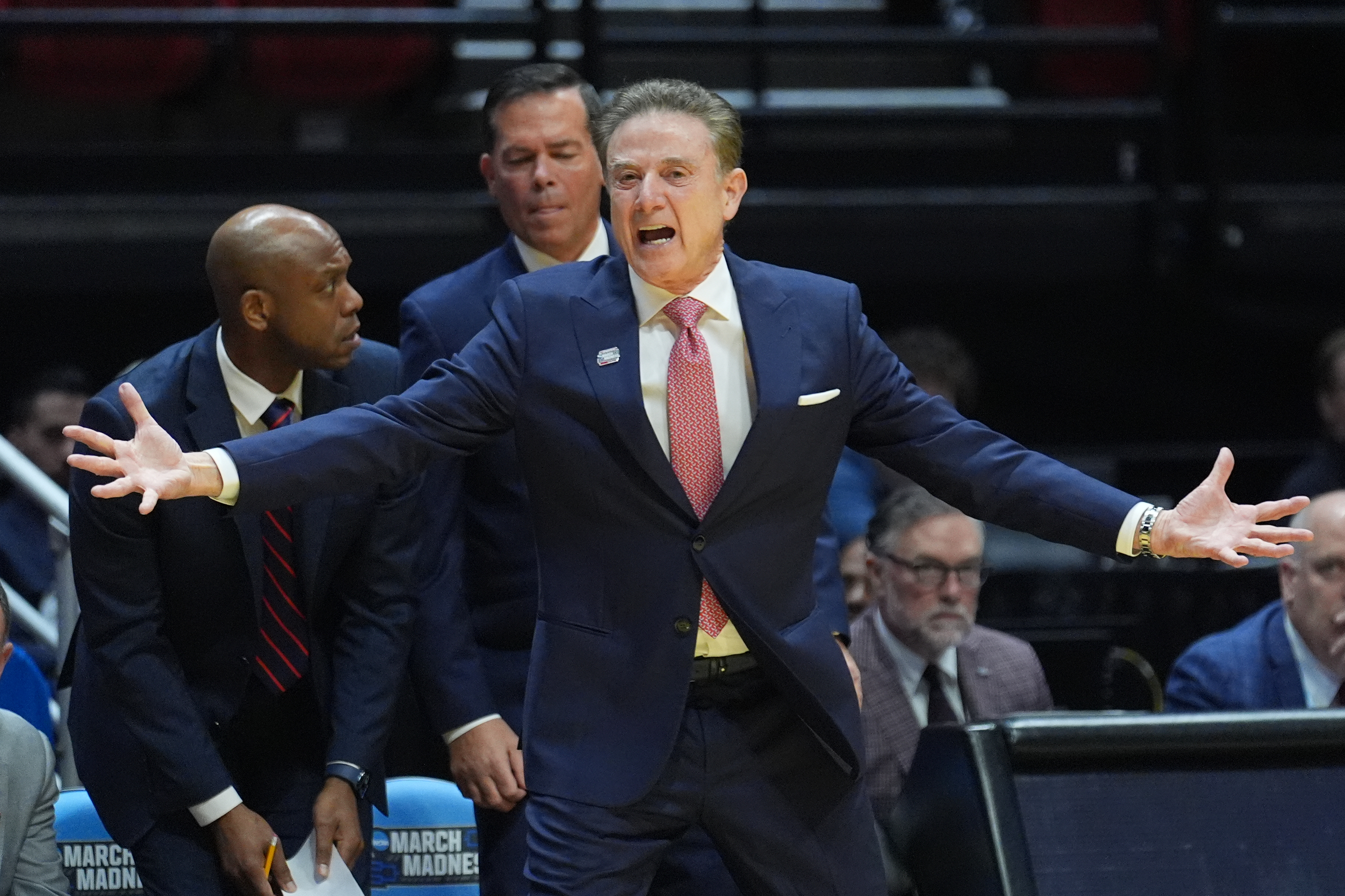 St. John's head coach Rick Pitino reacts during the second half of a game between Kansas and St. John's in the second round of the NCAA college basketball tournament Sunday, March 22, 2026, in San Diego. 