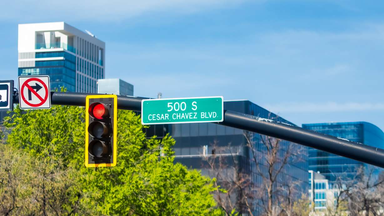 Cesar Chavez Boulevard near downtown Salt Lake City on Tuesday. City leaders are planning to remove Chavez's name from the street following a New York Times investigation into sexual abuse allegations made against him last year.