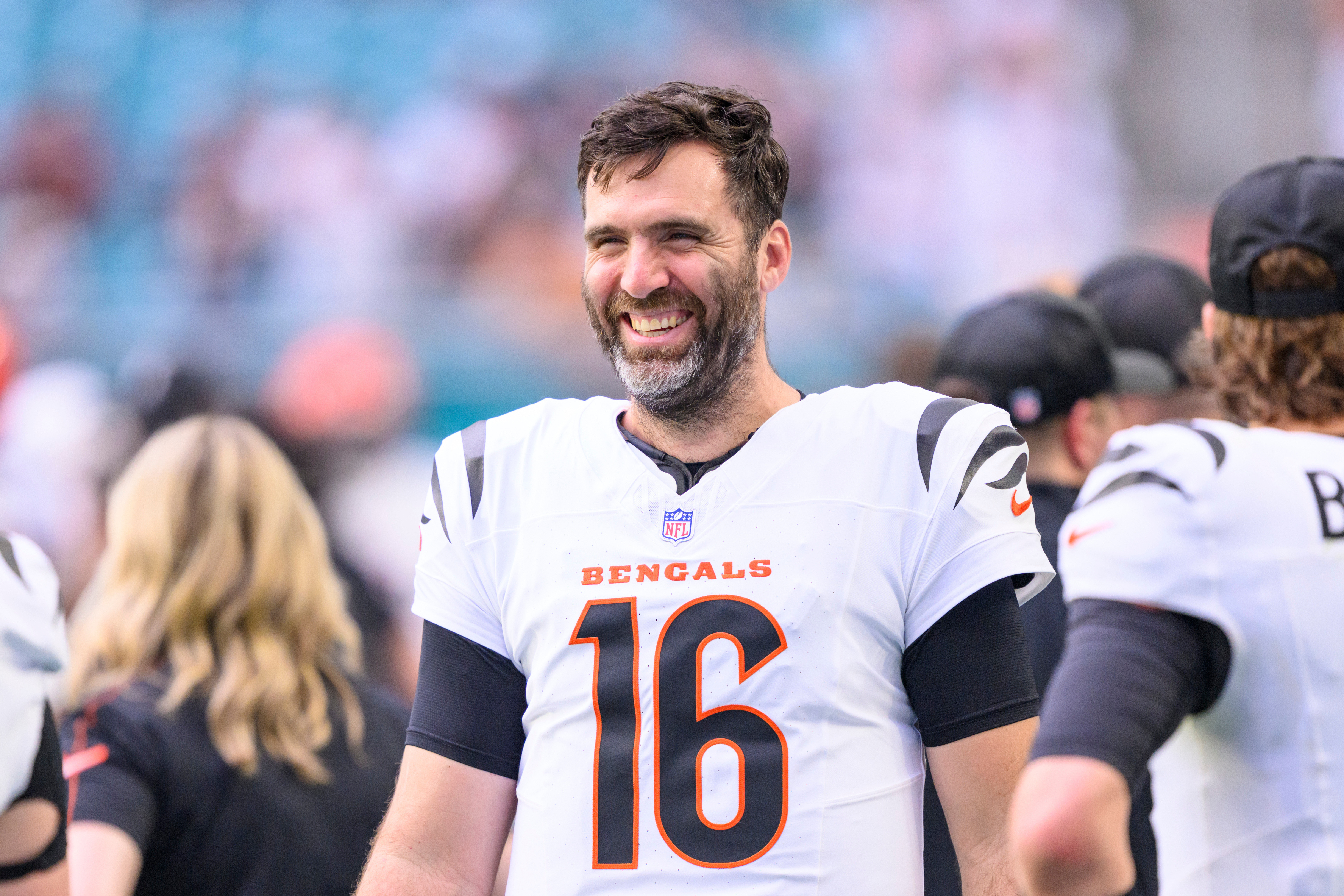 FILE - Cincinnati Bengals quarterback Joe Flacco (16) smiles on the sidelines during an NFL football game against the Miami Dolphins, Dec. 21, 2025, in Miami Gardens, Fla. 