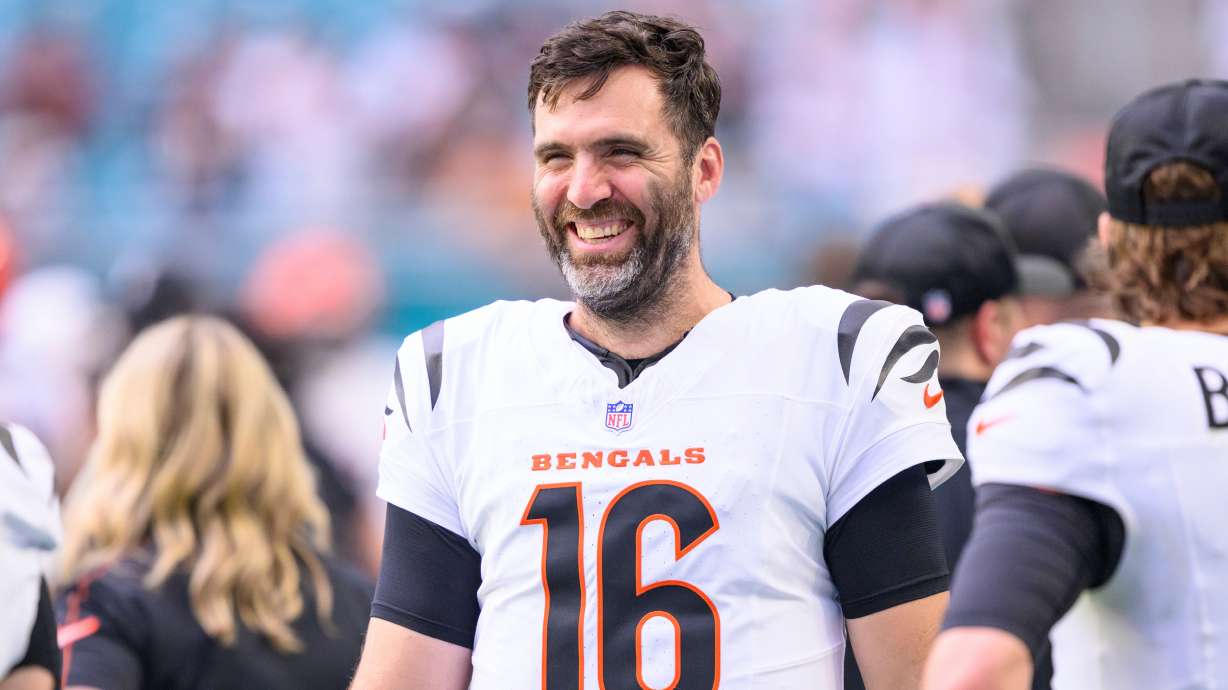 FILE - Cincinnati Bengals quarterback Joe Flacco (16) smiles on the sidelines during an NFL football game against the Miami Dolphins, Dec. 21, 2025, in Miami Gardens, Fla.