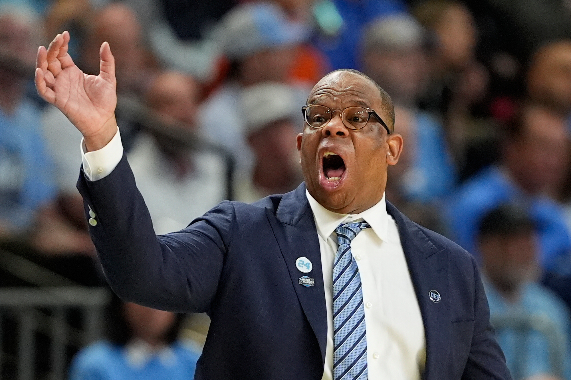 North Carolina head coach Hubert Davis yells during the second half against VCU in the first round of the NCAA college basketball tournament, Thursday, March 19, 2026, in Greenville, S.C. 