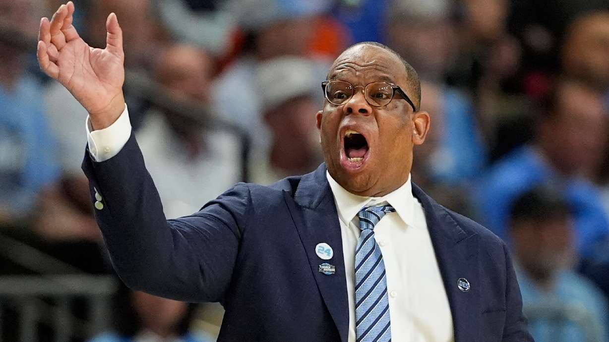 North Carolina head coach Hubert Davis yells during the second half against VCU in the first round of the NCAA college basketball tournament, Thursday, March 19, 2026, in Greenville, S.C.