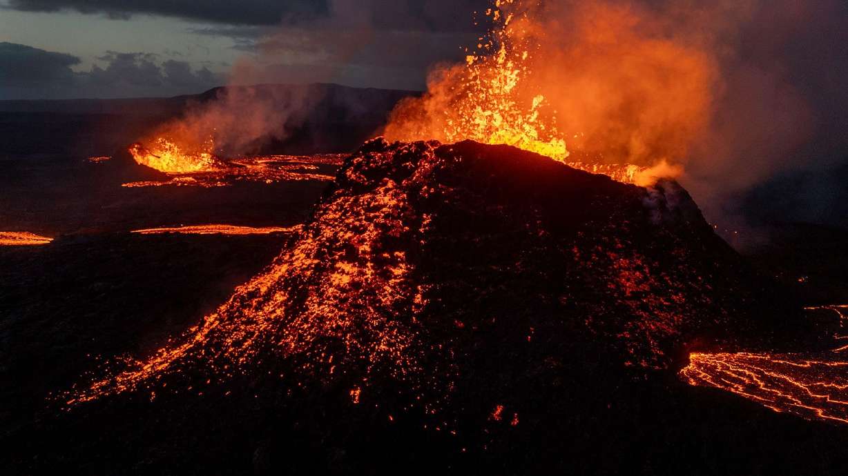 Volcanic activity, seen at the Sundhnúkur crater row in Iceland, is more likely to occur where tectonic plates meet.