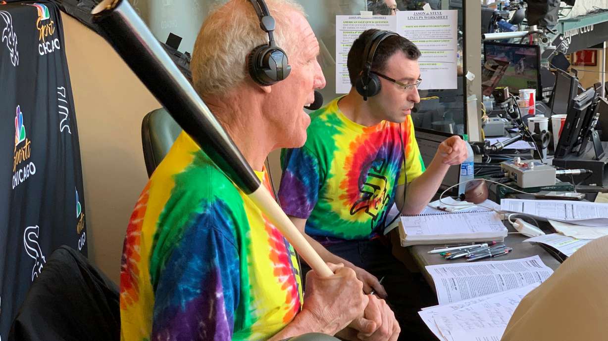 FILE -Bill Walton does commentary on NBC Sports Chicago for the Chicago White Sox's baseball game against the Los Angeles Angels on Aug. 16, 2019, in Anaheim, Calif.