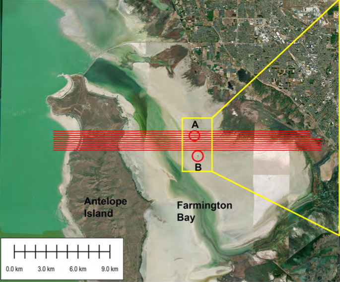 Map of the airborne electromagnetic survey area overlaid on the ESRI World Imagery basemap. Flight-line locations are shown in red across Farmington Bay.