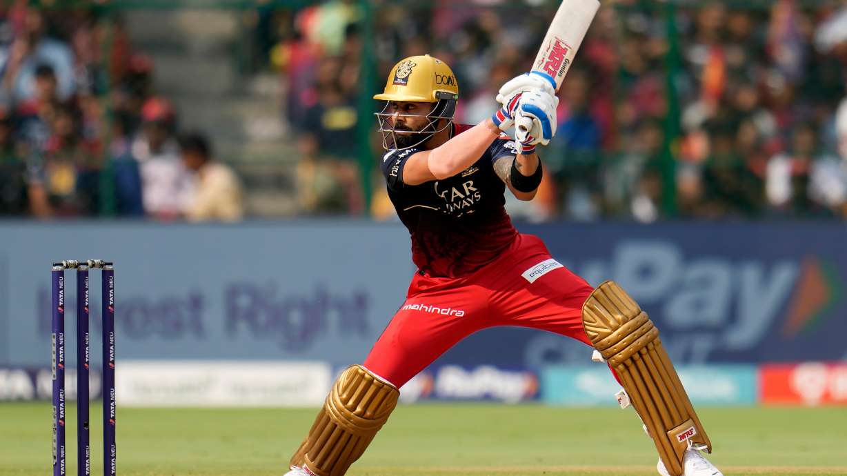 FILE - Royal Challengers Bangalore's Virat Kohli plays a shot during the Indian Premier League cricket match between Royal Challengers Bangalore and Delhi Capitals in Bengaluru, India, April 15, 2023.