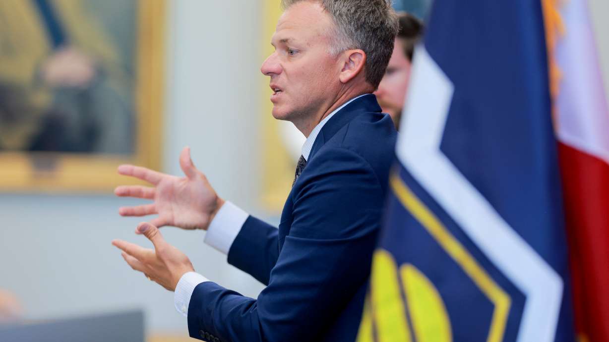 Rep. Blake Moore speaks at the University of Utah in Salt Lake City on Aug. 18, 2025. Moore is pushing to ban betting on wars, terrorist attacks and election results on online prediction markets.