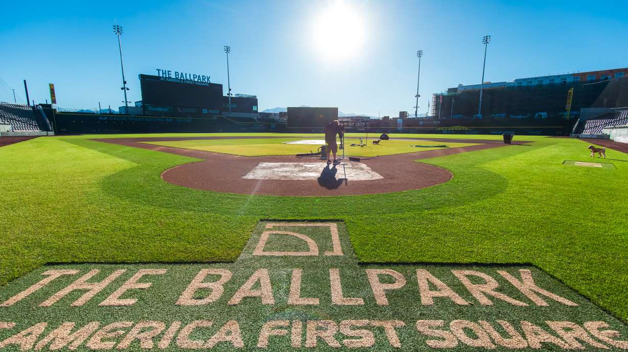 The Salt Lake Bees Grounds Crew pepares the field at The Ballpark at America First Square before a team practice on Wednesday, March 25, 2026.