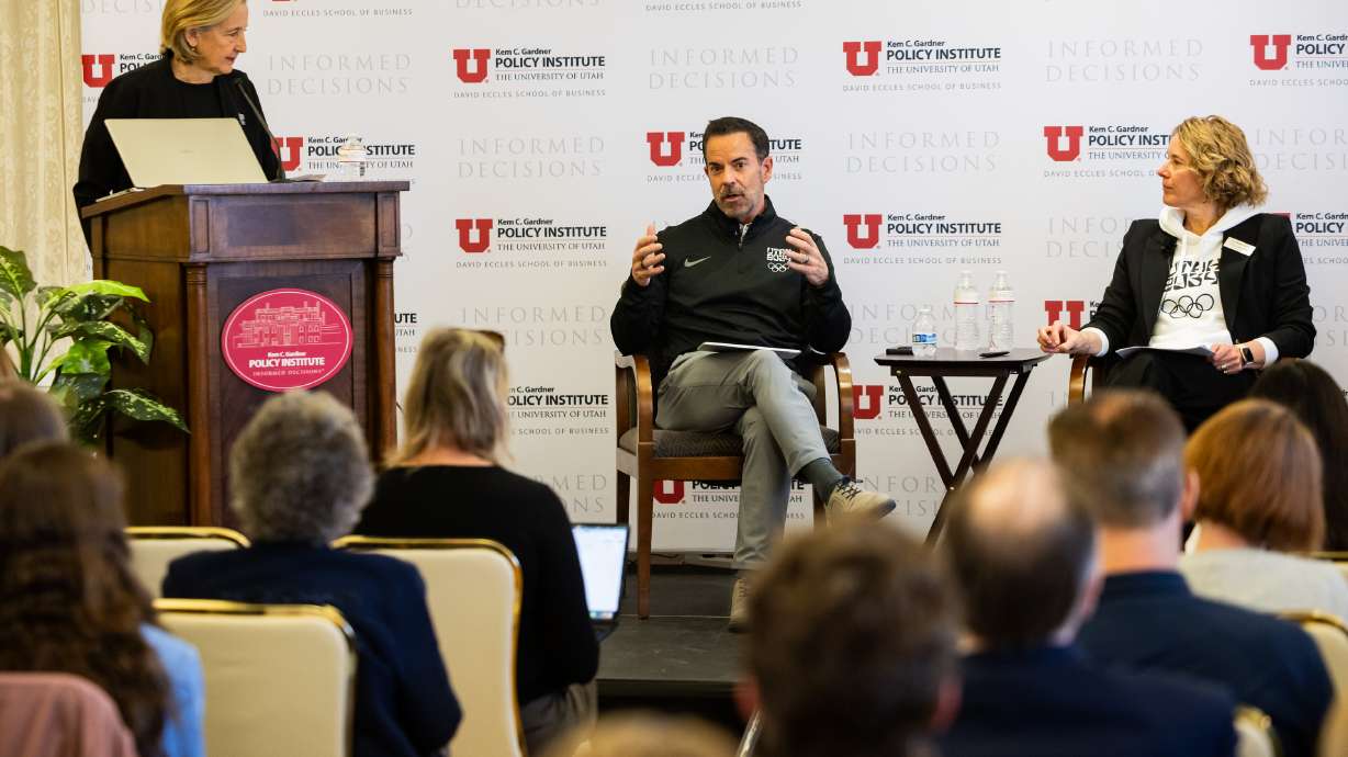 Brad Wilson, CEO of Utah 2034, speaks during a March Newsmaker Breakfast discussing the Olympics at the Thomas S. Monson Center in Salt Lake City on Wednesday.