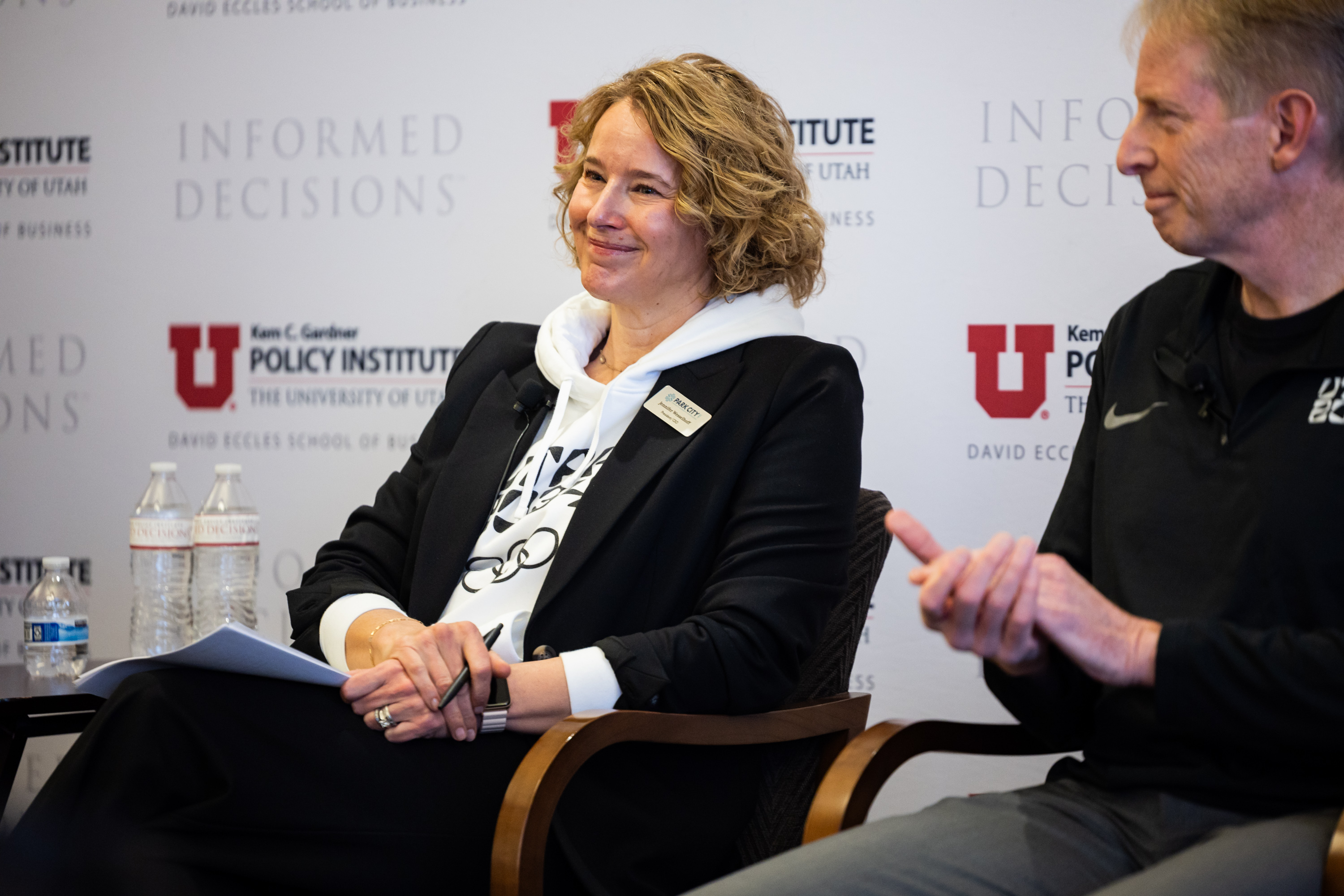 Jennifer Wesselhoff, president and CEO of Visit Park City, is introduced during a March Newsmaker Breakfast discussing the Olympics in Salt Lake City on Wednesday.