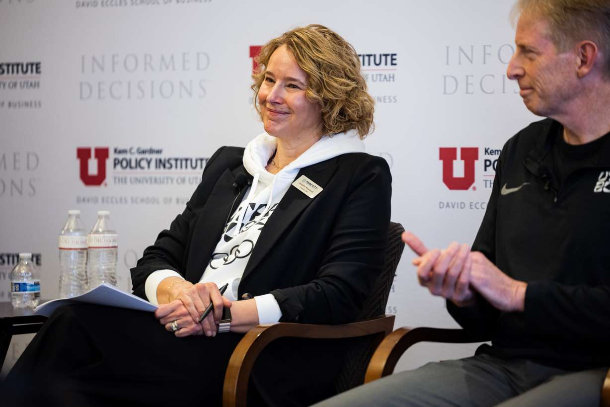 Jennifer Wesselhoff, president and CEO of Visit Park City, is introduced during a March Newsmaker Breakfast discussing the Olympics in Salt Lake City on Wednesday.
