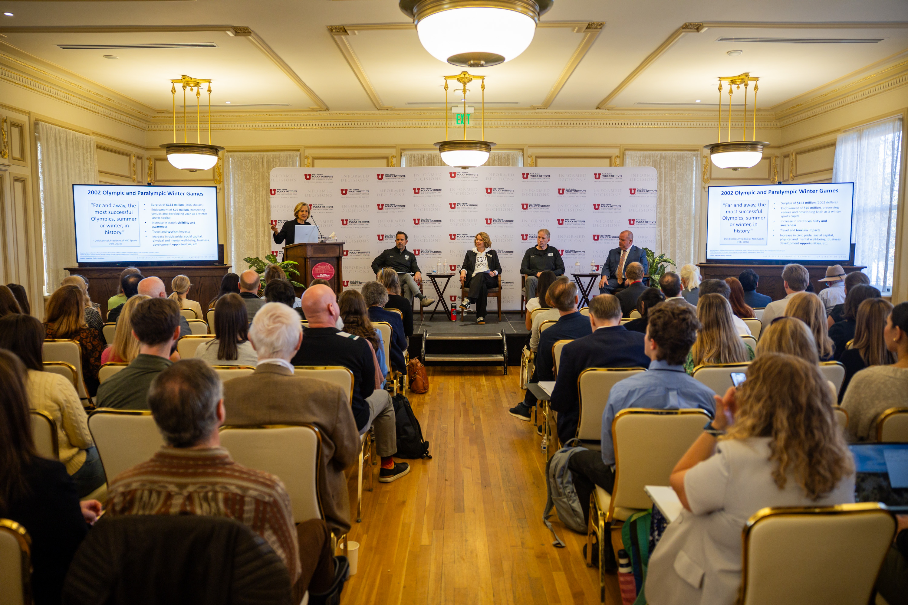 Brad Wilson, CEO of Utah 2034, Scott Doughman, director of strategic initiatives and Olympic planning at the University of Utah, Jennifer Wesselhoff, president and CEO of Visit Park City, and Jim Harvey, Weber County commissioner, discuss the Olympics in Salt Lake City on Wednesday.