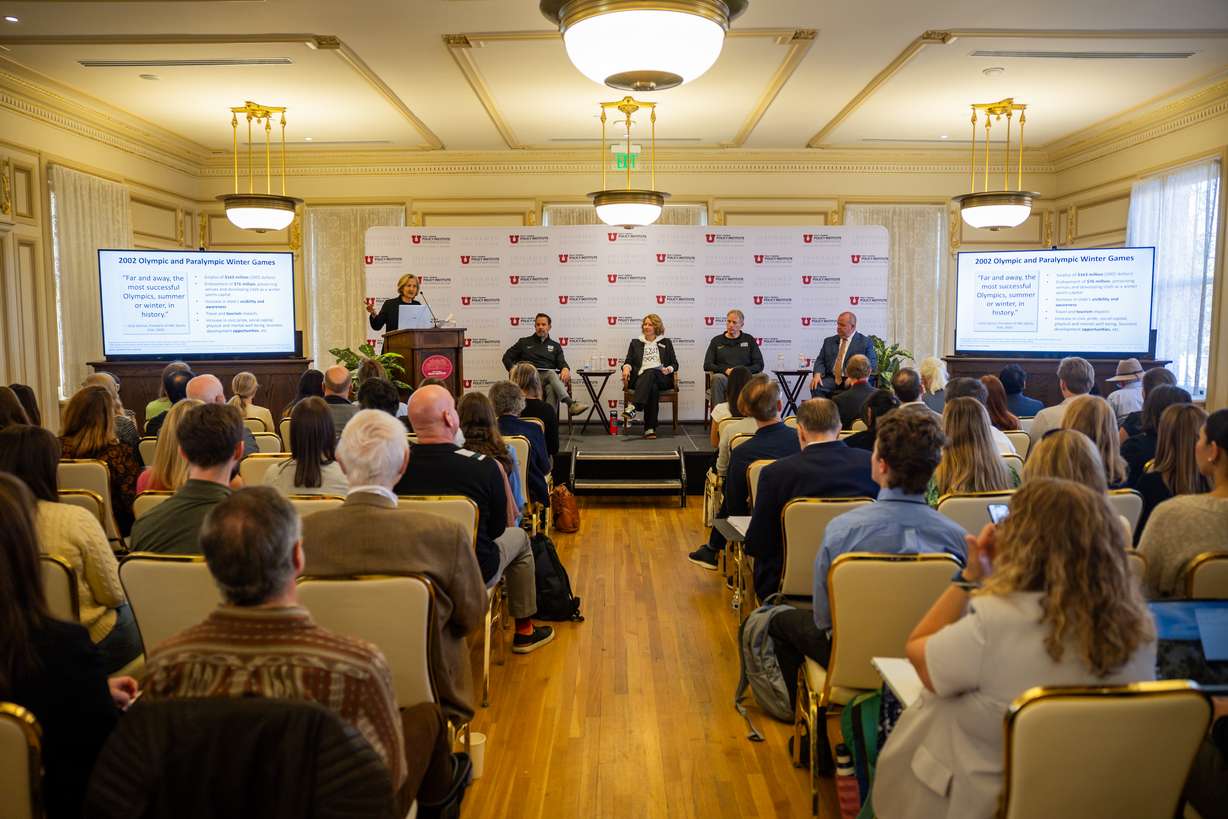 Brad Wilson, CEO of Utah 2034, Scott Doughman, director of strategic initiatives and Olympic planning at the University of Utah, Jennifer Wesselhoff, president and CEO of Visit Park City, and Jim Harvey, Weber County commissioner, discuss the Olympics in Salt Lake City on Wednesday.