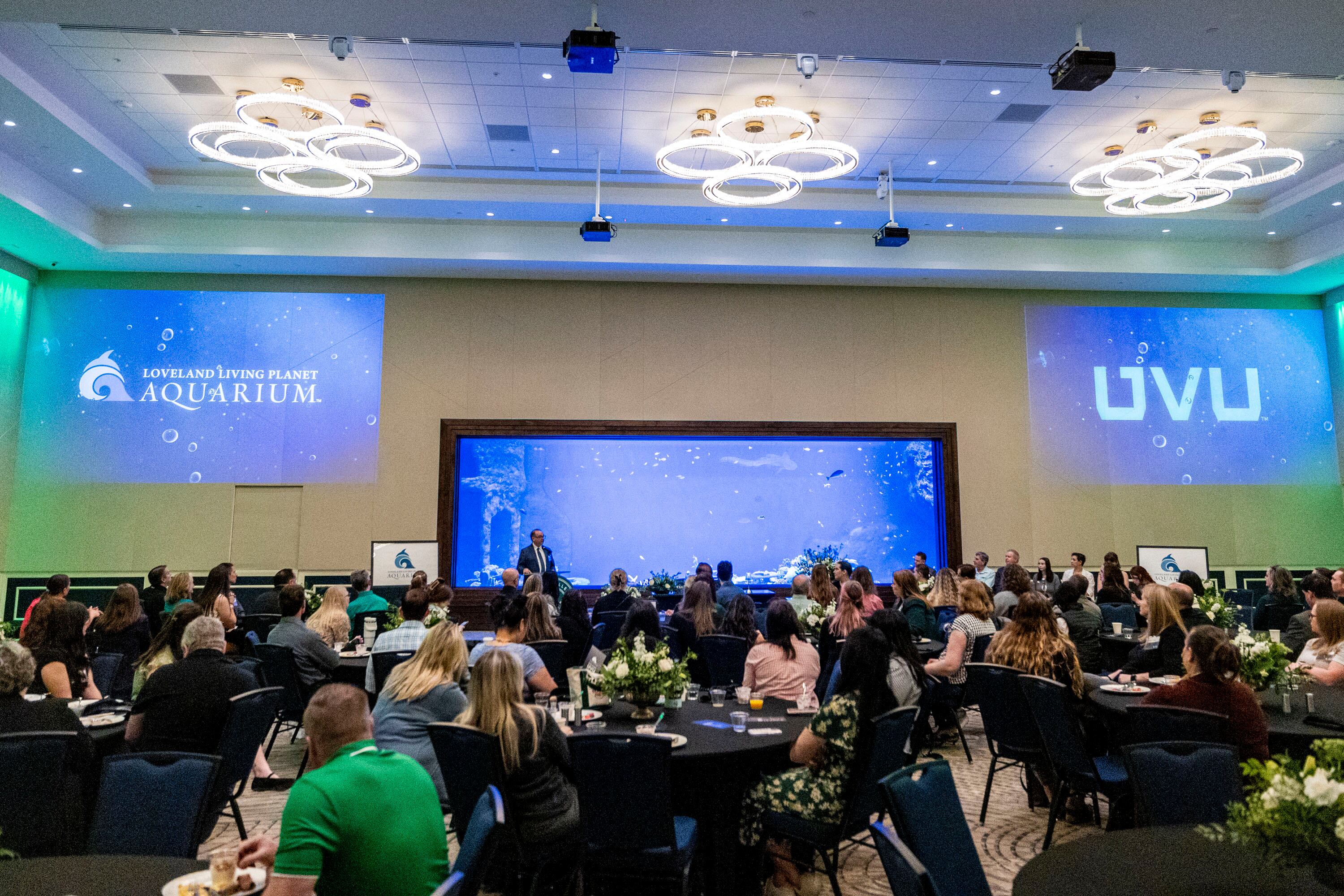 Wayne Vaught, provost and senior vice president for academic affairs at Utah Valley University, speaks during an event announcing a partnership between UVU and the Loveland Living Planet Aquarium in Draper on Wednesday.