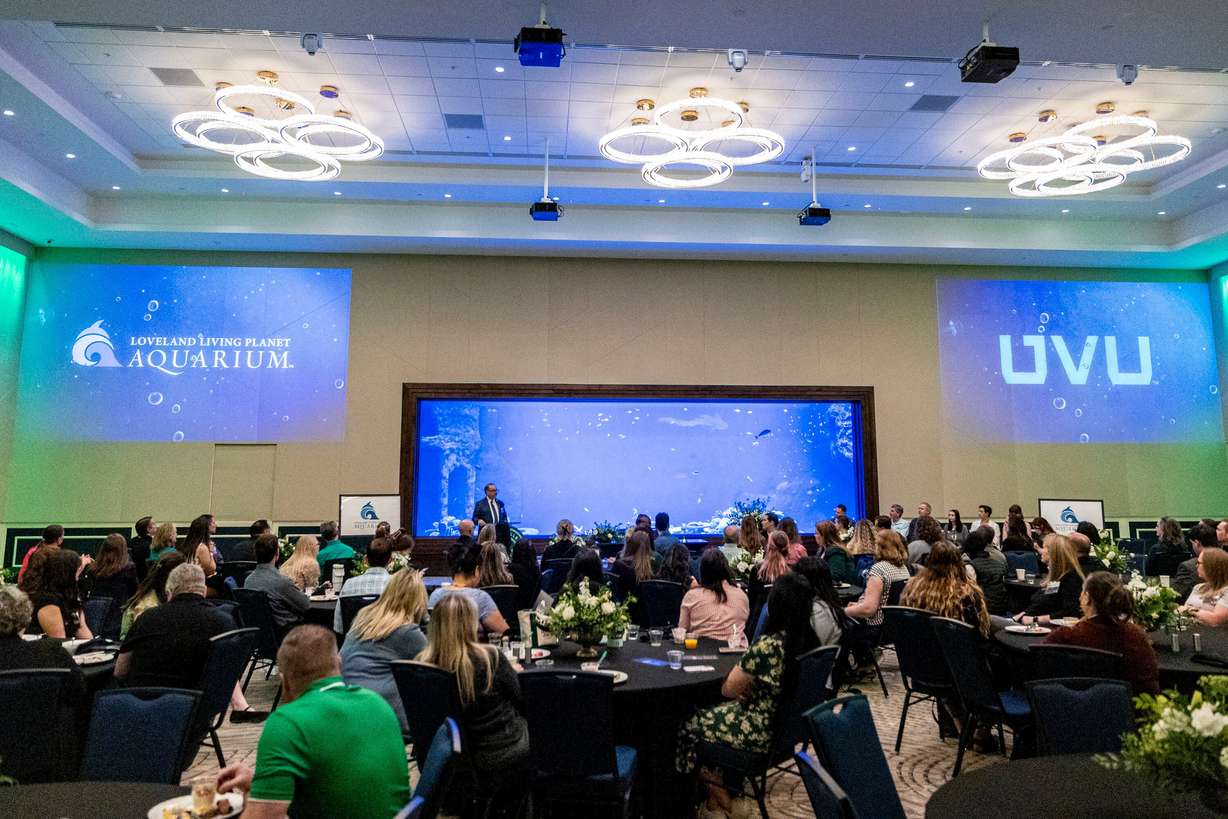 Wayne Vaught, provost and senior vice president for academic affairs at Utah Valley University, speaks during an event announcing a partnership between UVU and the Loveland Living Planet Aquarium in Draper on Wednesday.