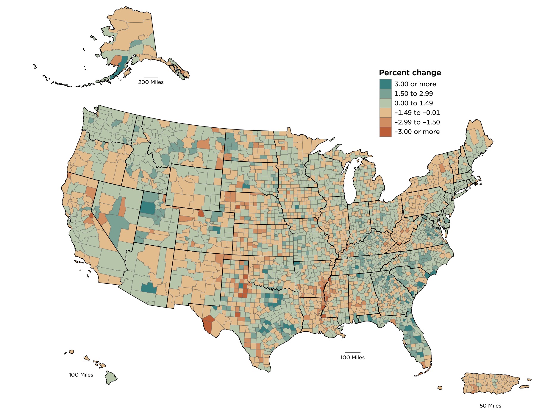 This map shows estimated population trends in every county across the U.S. from July 1, 2024, through July 1, 2025. Areas in green experienced population growth, while areas in orange experienced declines.