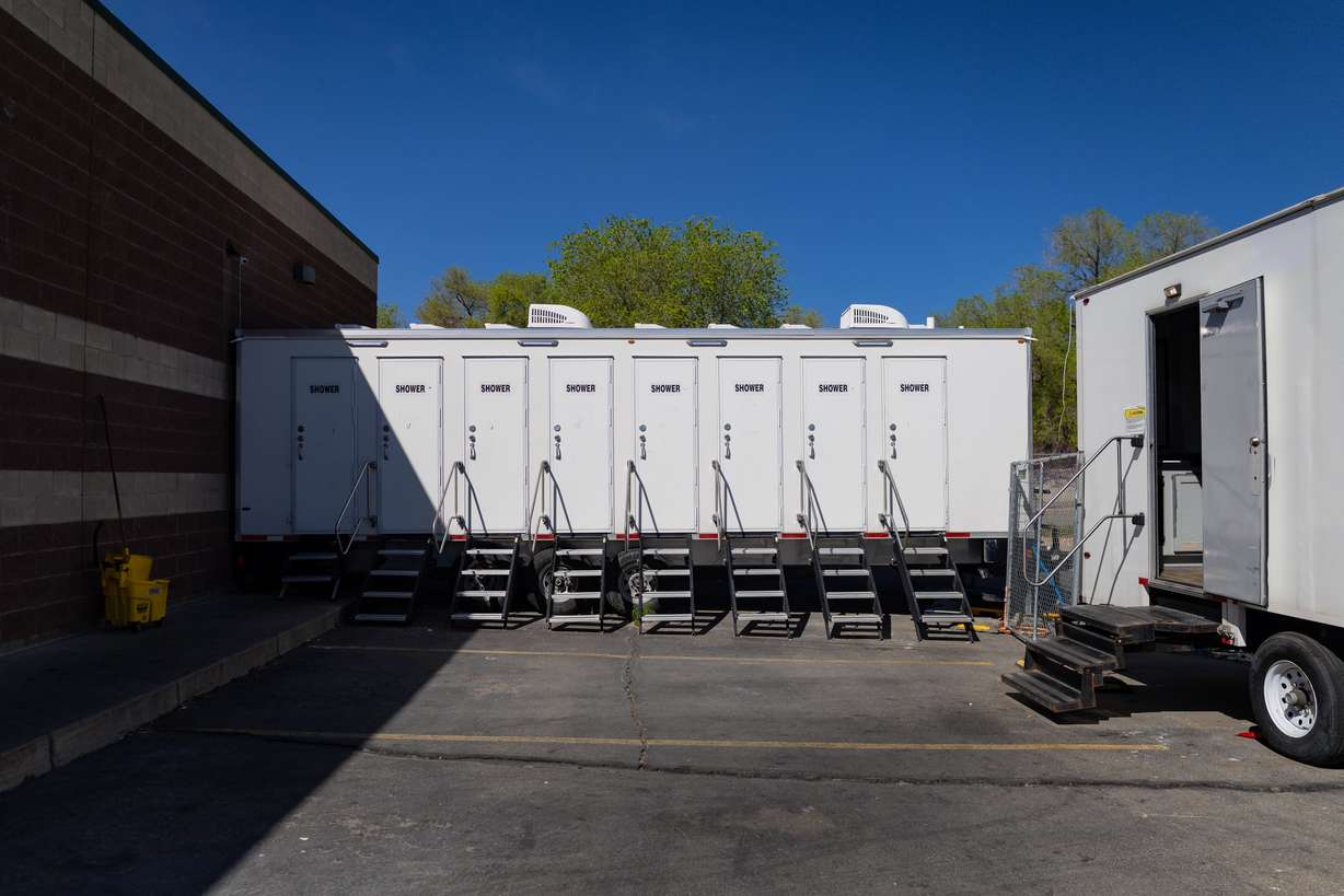 Outdoor showers and outdoor bathrooms at Switchpoint's Salt Lake Overflow Shelter in West Valley City on Wednesday.