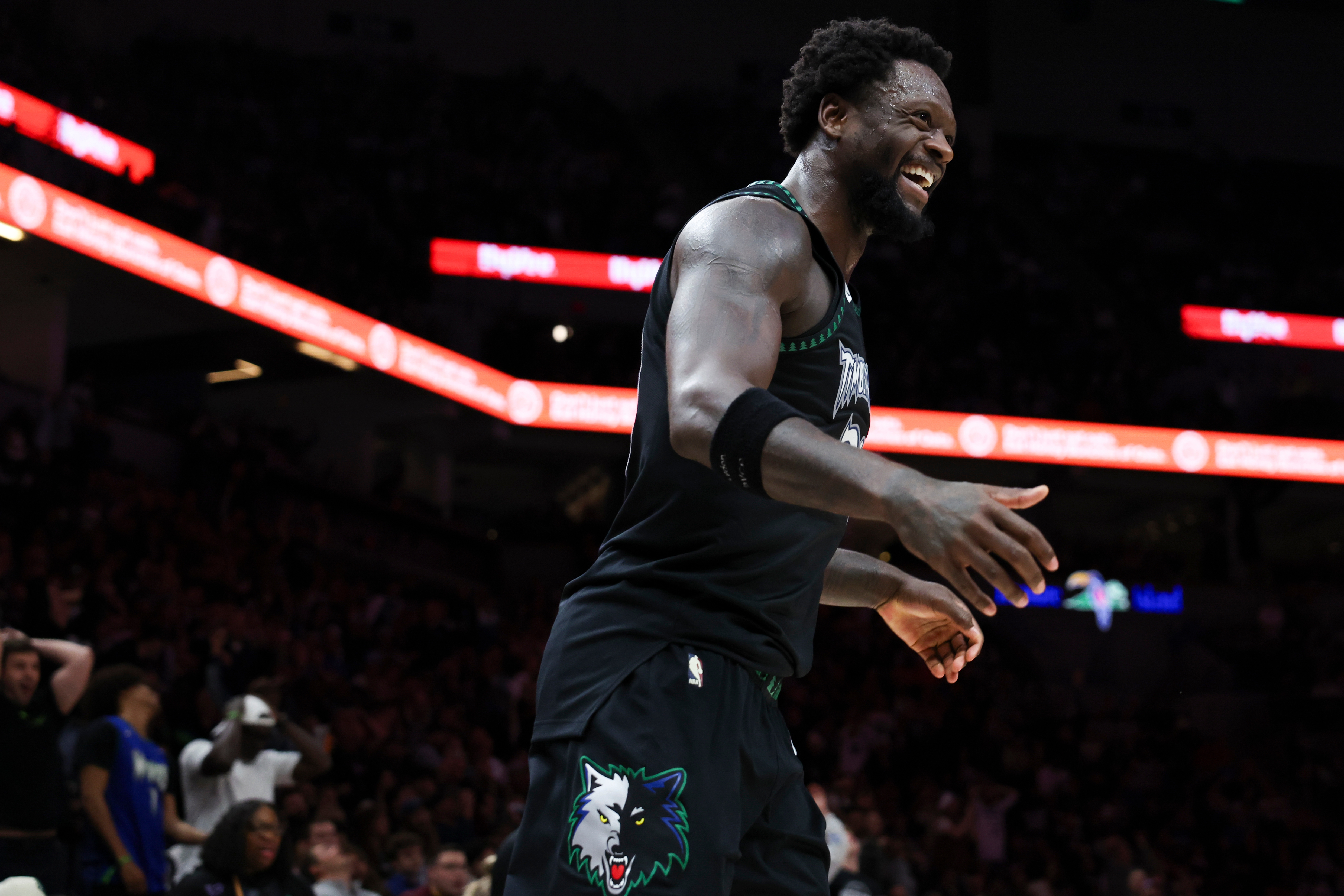 Minnesota Timberwolves forward Julius Randle reacts during the second half of an NBA basketball game against the Houston Rockets, Wednesday, March 25, 2026, in Minneapolis. 
