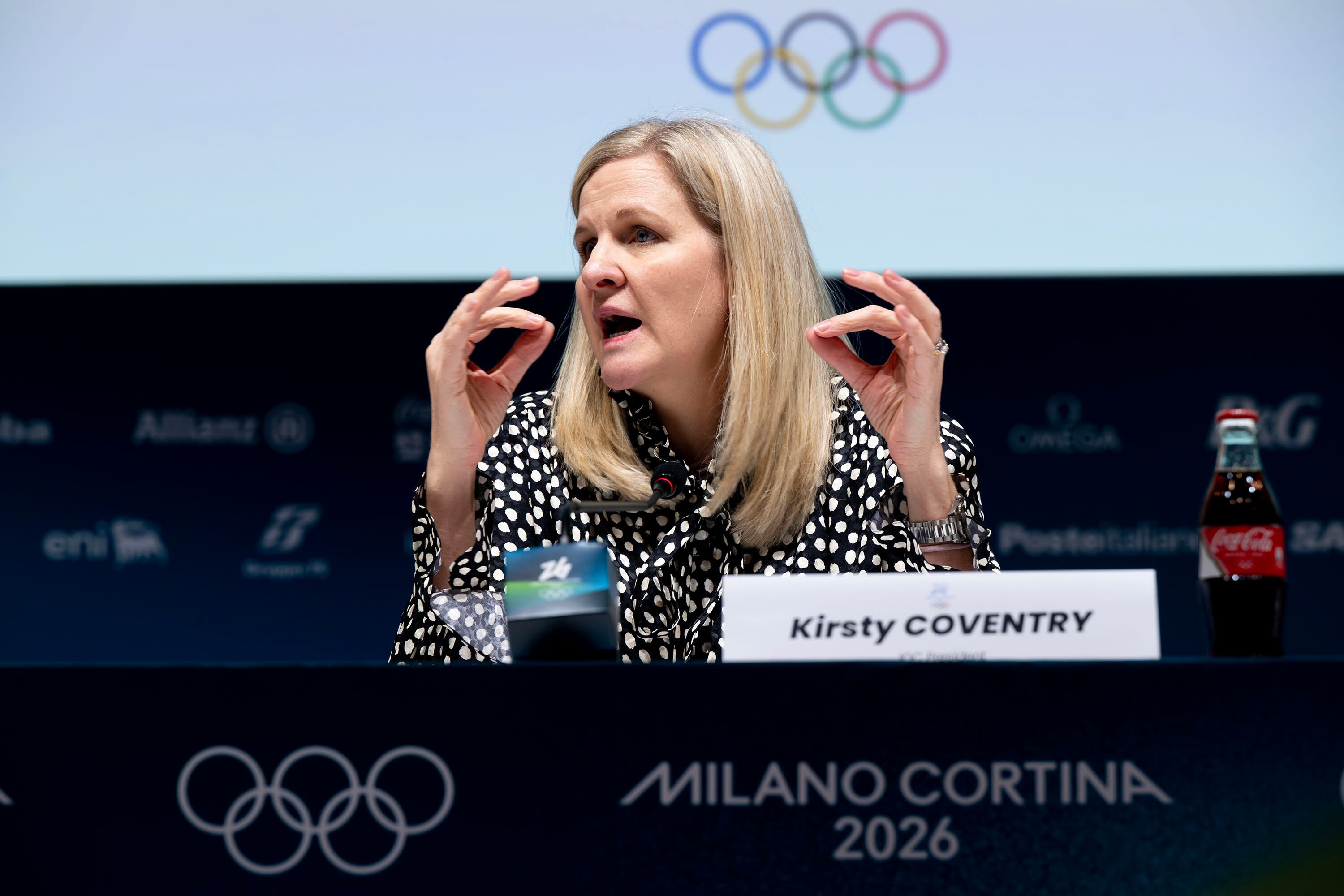 International Olympic Committee President Kirsty Coventry addresses the media in advance of the 2026 Winter Olympics in Milan, Italy, on Feb. 4. Coventry on Thursday left the door open to adding summer sports to Utah's 2034 Winter Games.