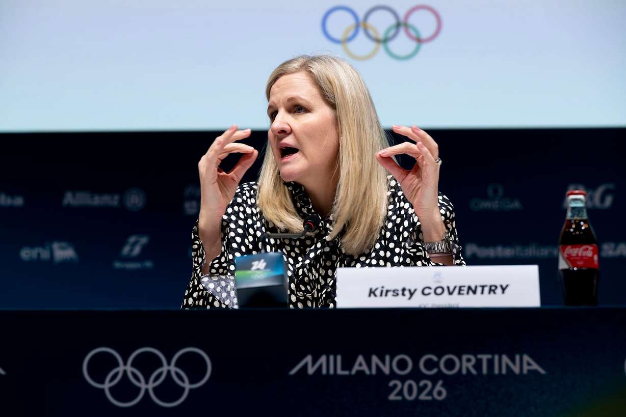 International Olympic Committee President Kirsty Coventry addresses the media in advance of the 2026 Winter Olympics in Milan, Italy, on Feb. 4. Coventry on Thursday left the door open to adding summer sports to Utah's 2034 Winter Games.