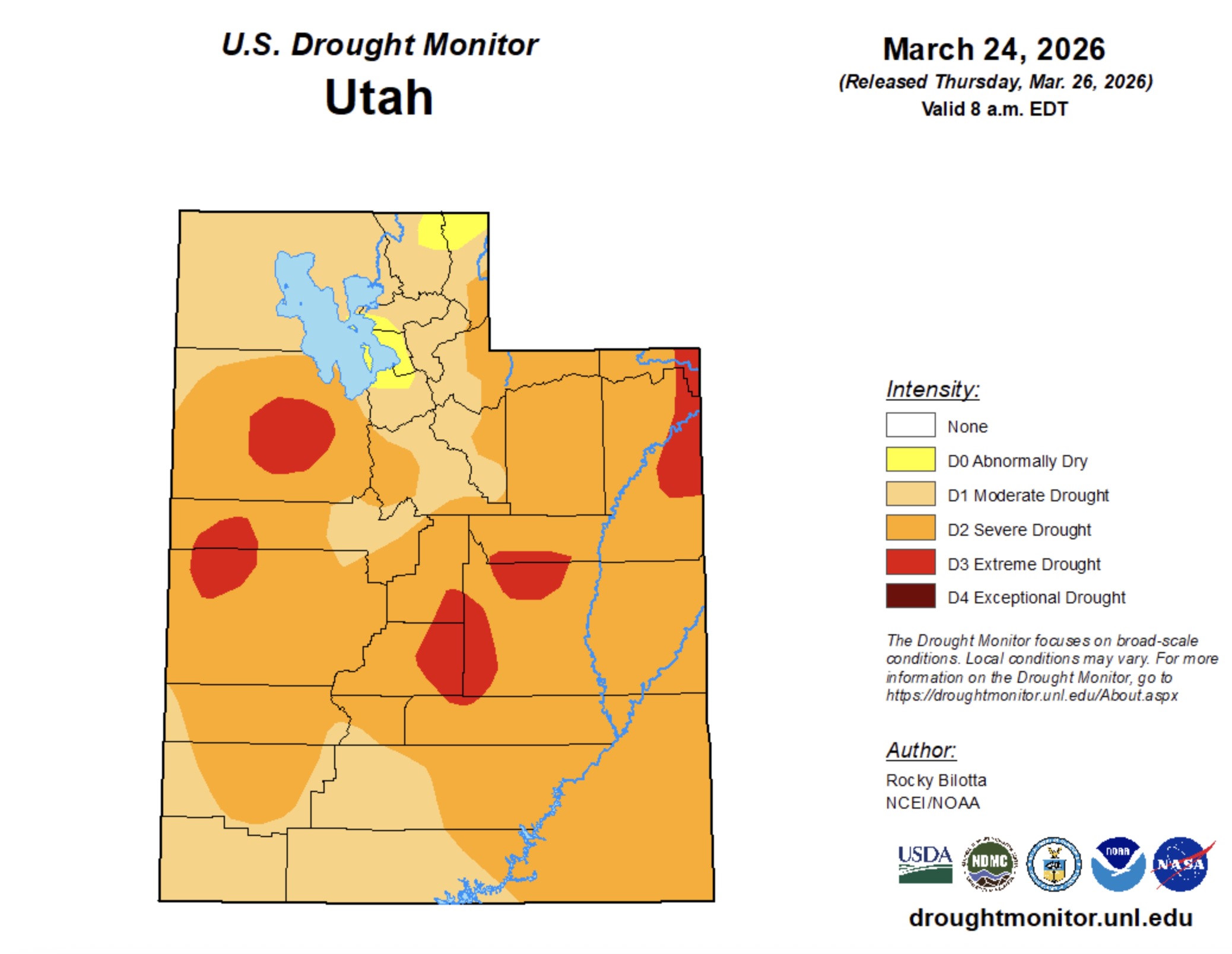This map shows Utah drought conditions as of Thursday. Nearly 70% of the state is now in severe or extreme drought, up from almost 45% last week.