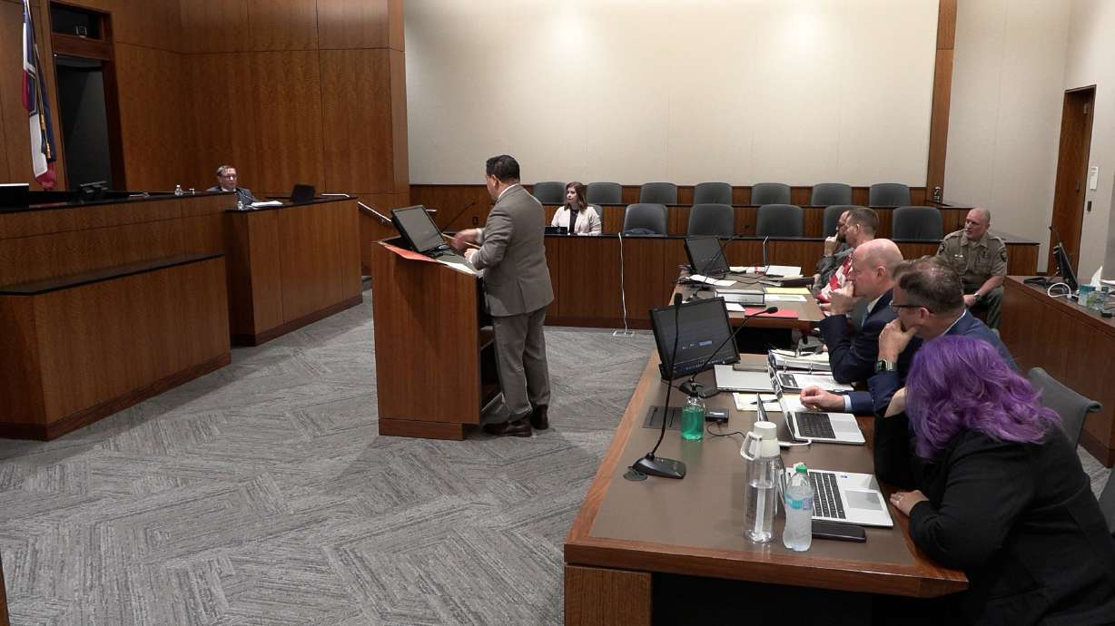 Rudy Bautista questions a witness during the preliminary hearing for Michael Jayne on Thursday. Jayne is accused of intentionally hitting and killing a Santaquin police sergeant in a semitruck. Bautista says it wasn't intentional.