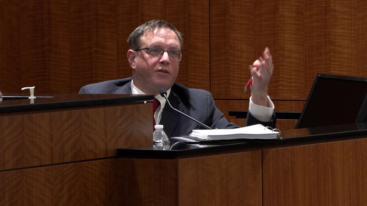 Charles Funk, a crash reconstruction expert, testifies during the preliminary hearing for Michael Jayne on Thursday. Jayne is accused of hitting and killing a Santaquin police sergeant with a semitruck.