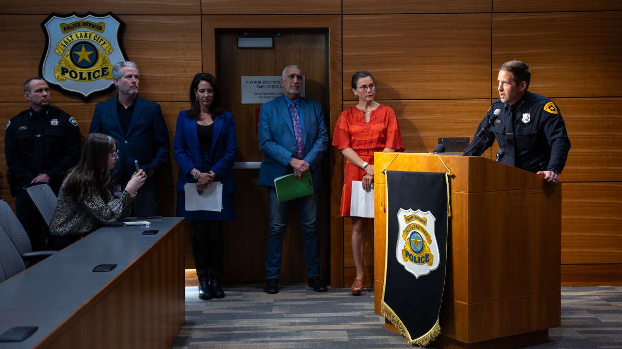 Salt Lake City Police Chief Brian Redd announces a collaborative strategy to address those who pose the greatest public safety risks in Salt Lake City during a press conference at the Public Safety Building on Thursday.