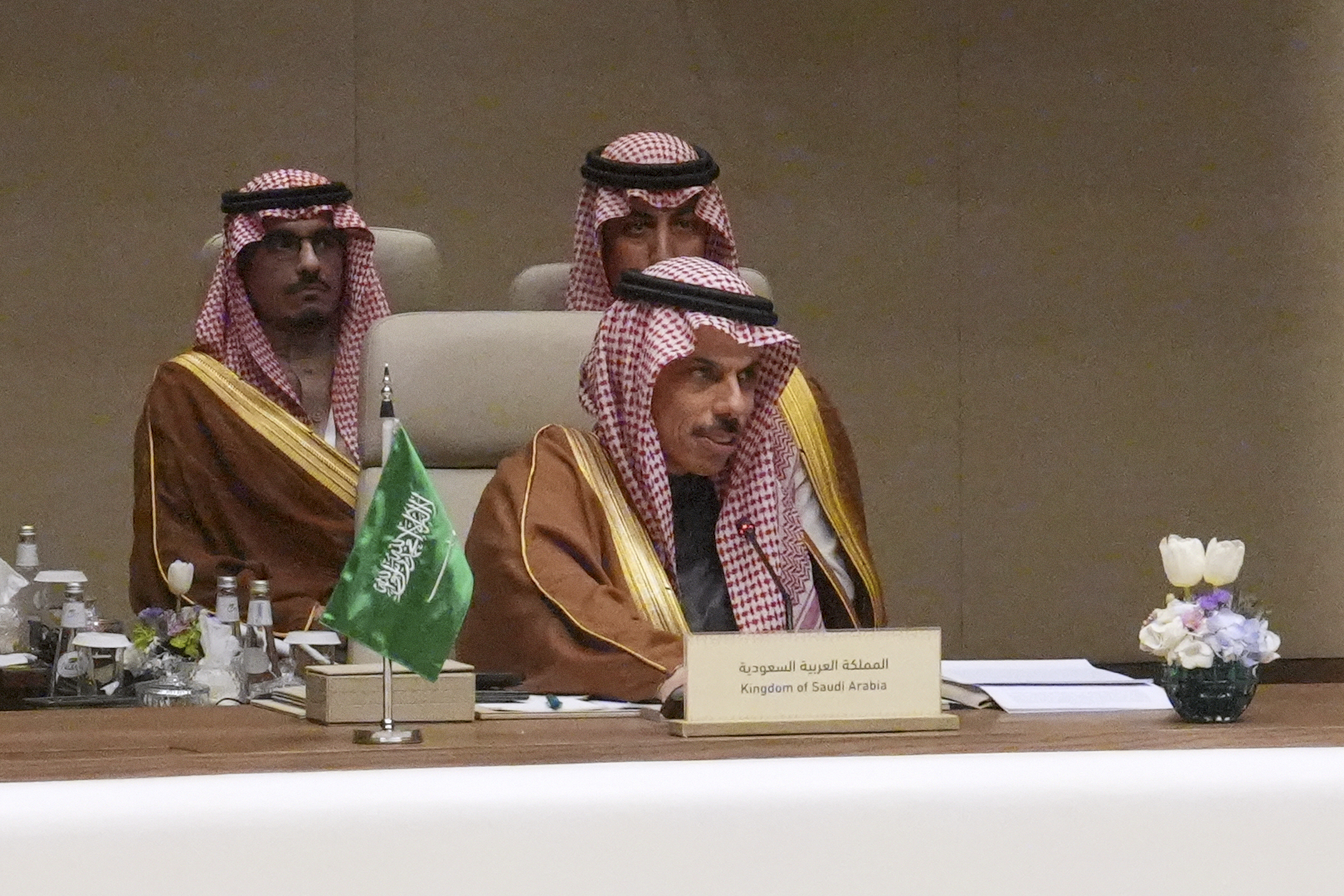 Saudi Arabia's Foreign Minister Prince Faisal bin Farhan Al-Saud chairs a consultative meeting of foreign ministers from a group of Arab and Islamic countries in the Saudi capital, Riyadh, Thursday, March 19, 2026. 