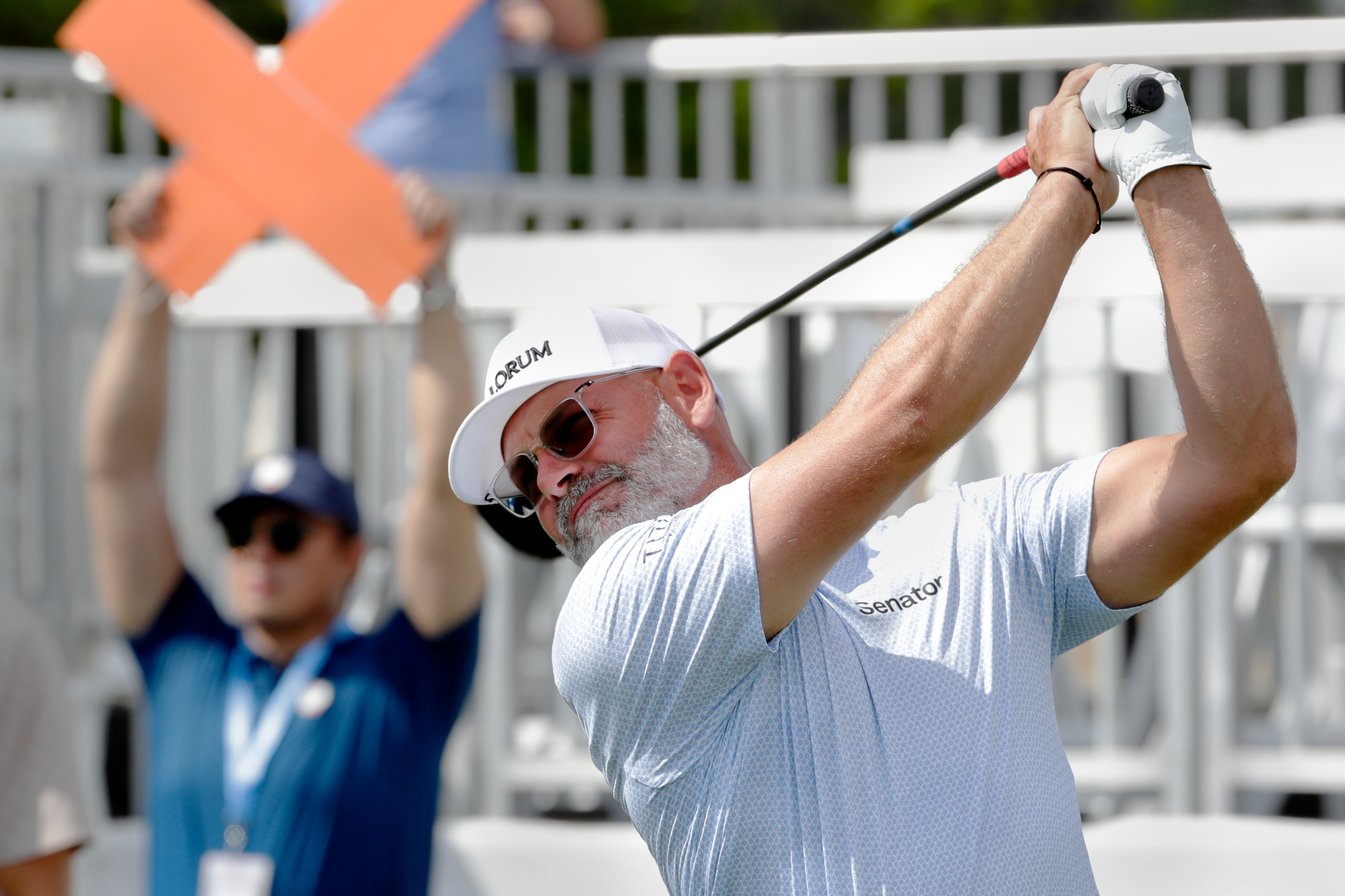 Paul Waring tees off on the 18th hole during the first round of the Texas Children's Houston Open golf tournament Thursday, March 26, 2026, in Houston. 