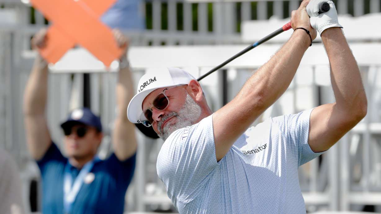 Paul Waring tees off on the 18th hole during the first round of the Texas Children's Houston Open golf tournament Thursday, March 26, 2026, in Houston.