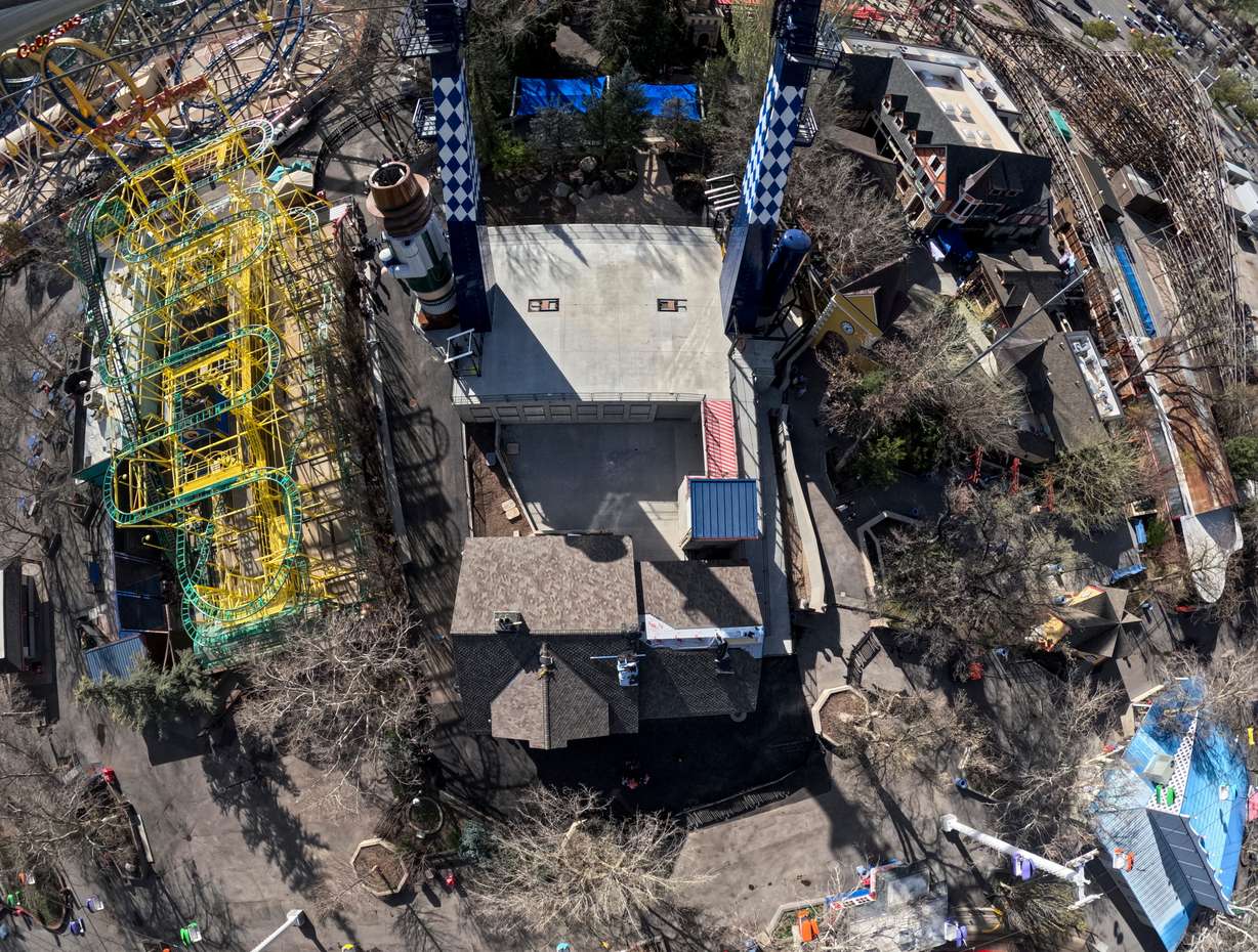 At the top of Lagoon’s new ride, Nutcracker, riders gain a unique perspective of Lagoon Amusement Park in Farmington on Thursday. This image was taken from a chest mounted GoPro while on the ride.